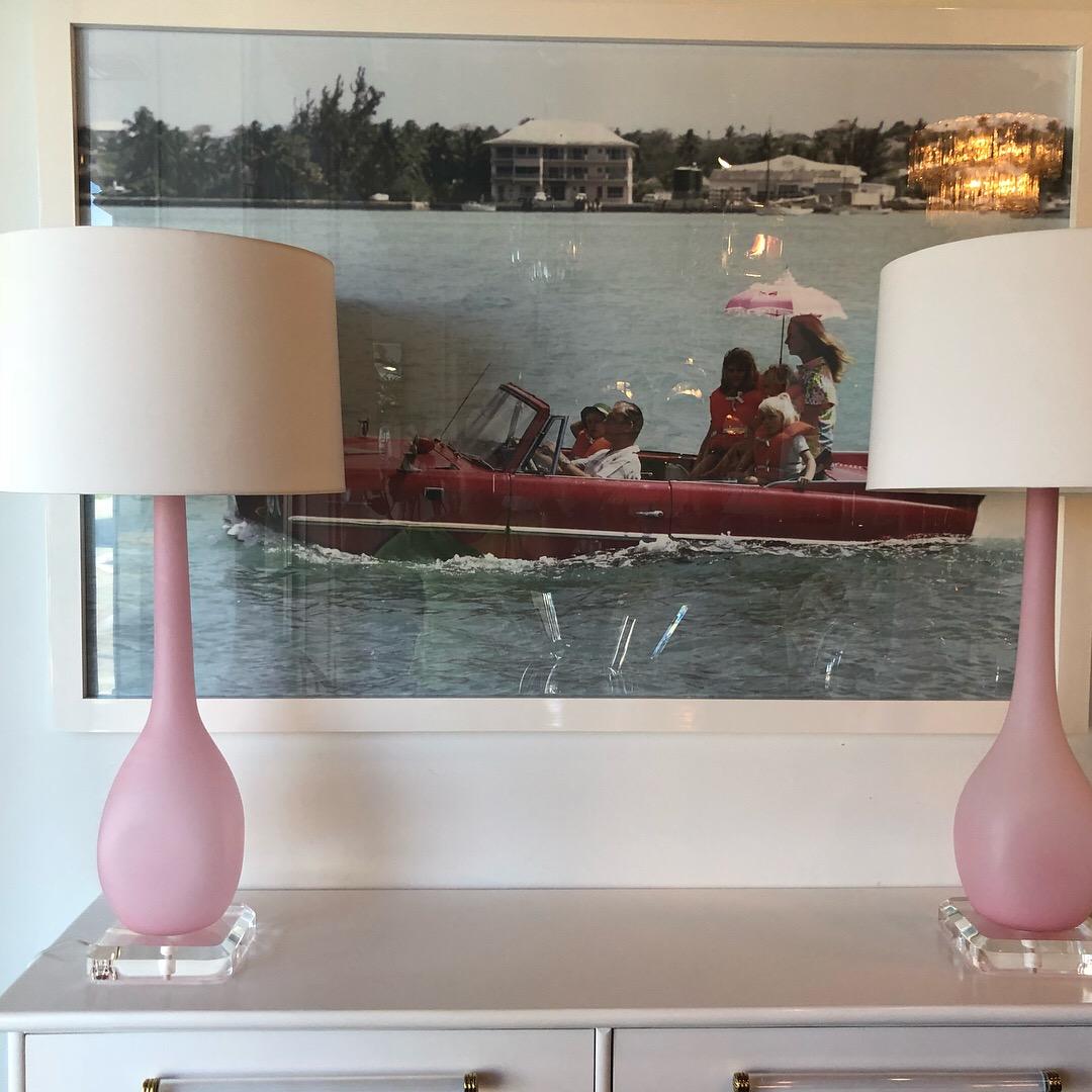 Amazing pair of vintage Murano table lamps. Beautiful blush pink frosted color. All new wiring and brass hardware. Lucite base and matching Lucite finials. Made in Italy sticker. Matching pair listed separately. Handblown lamps may have slight