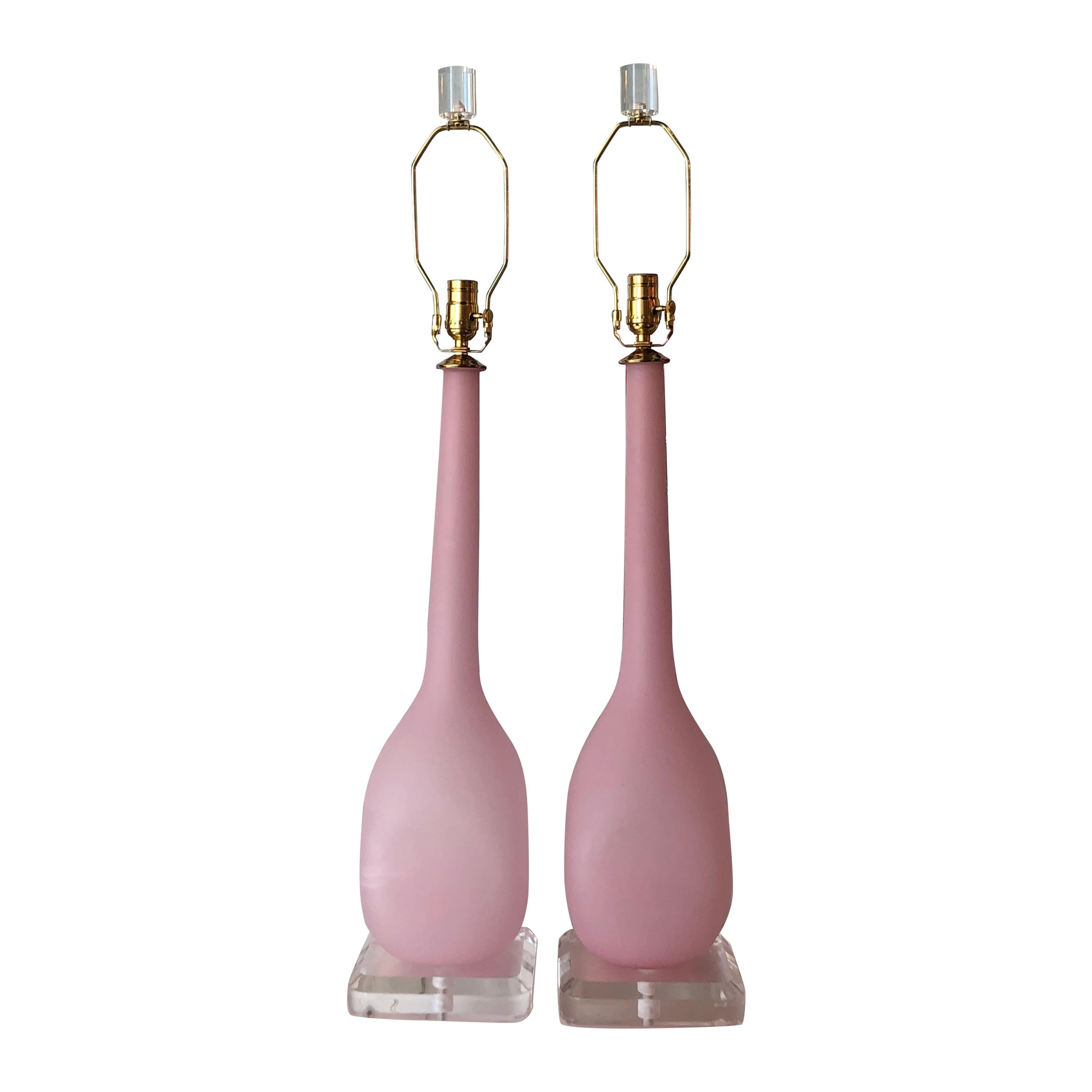 Vintage Pair of Pink Frosted Blush Murano Italian Table Lamps Lucite Brass