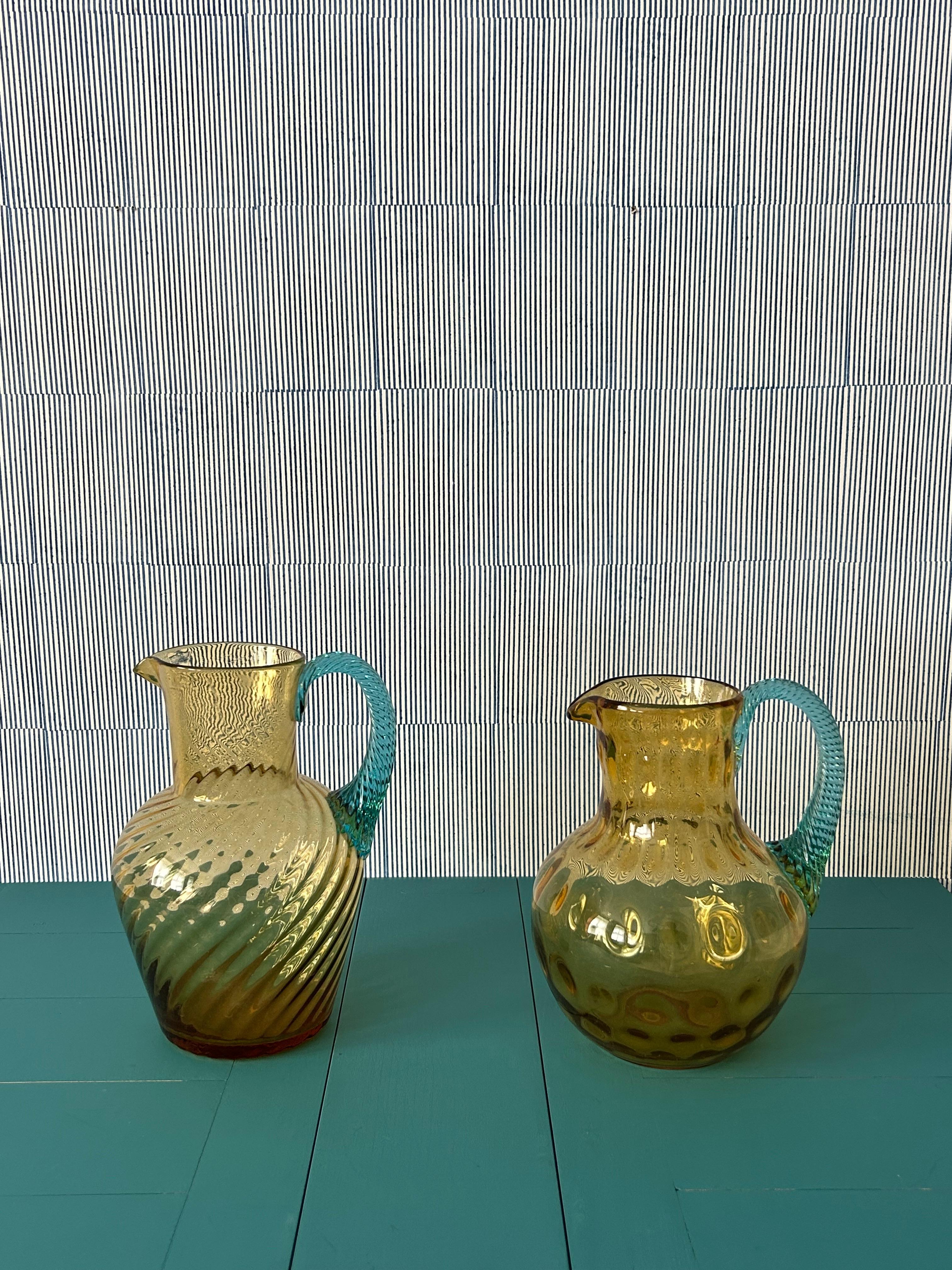 Vintage Pair of Pitchers in Amber and Turquoise Glass, France, 20th Century  In Good Condition In Copenhagen K, DK