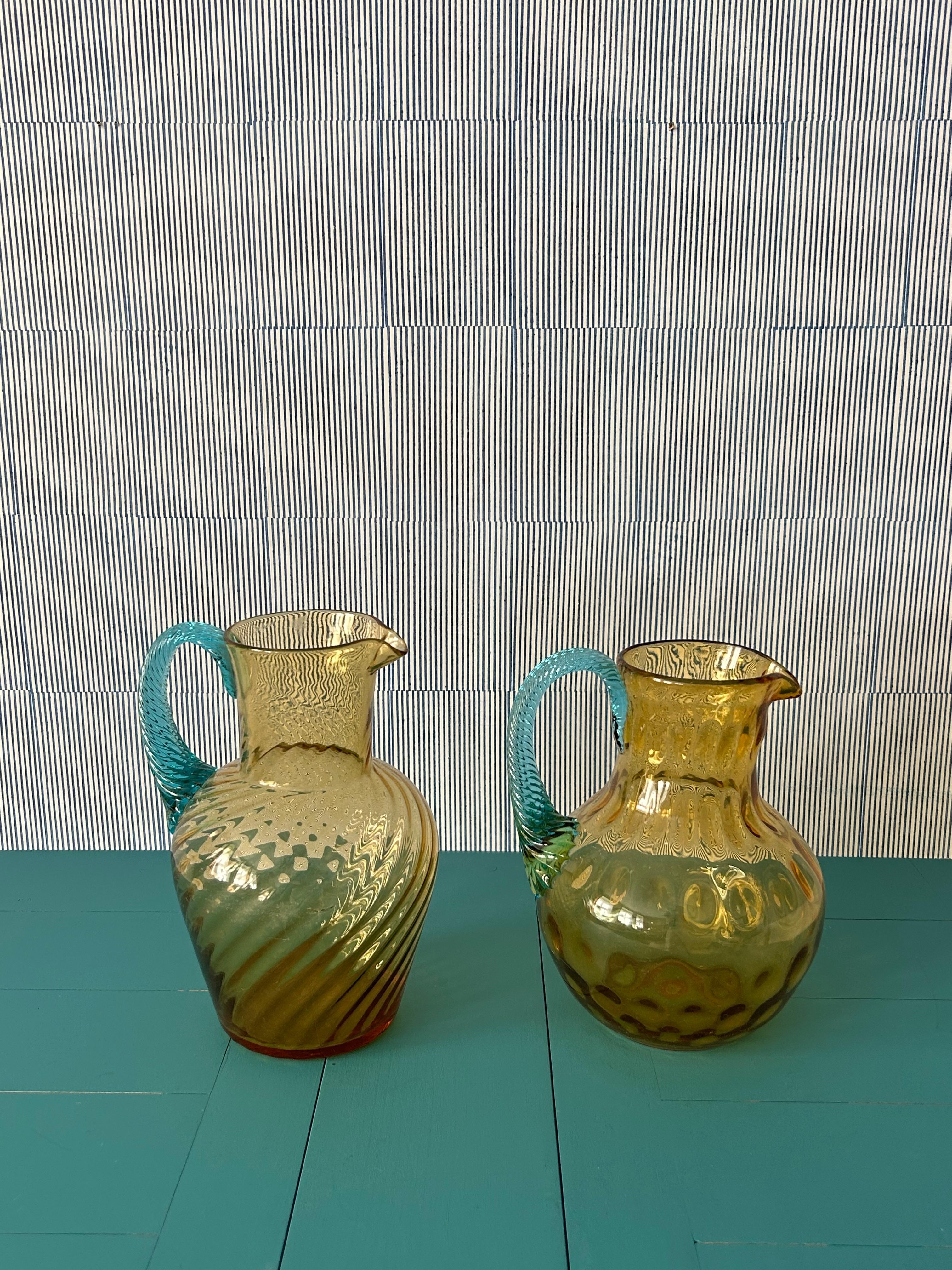 Vintage Pair of Pitchers in Amber and Turquoise Glass, France, 20th Century  1
