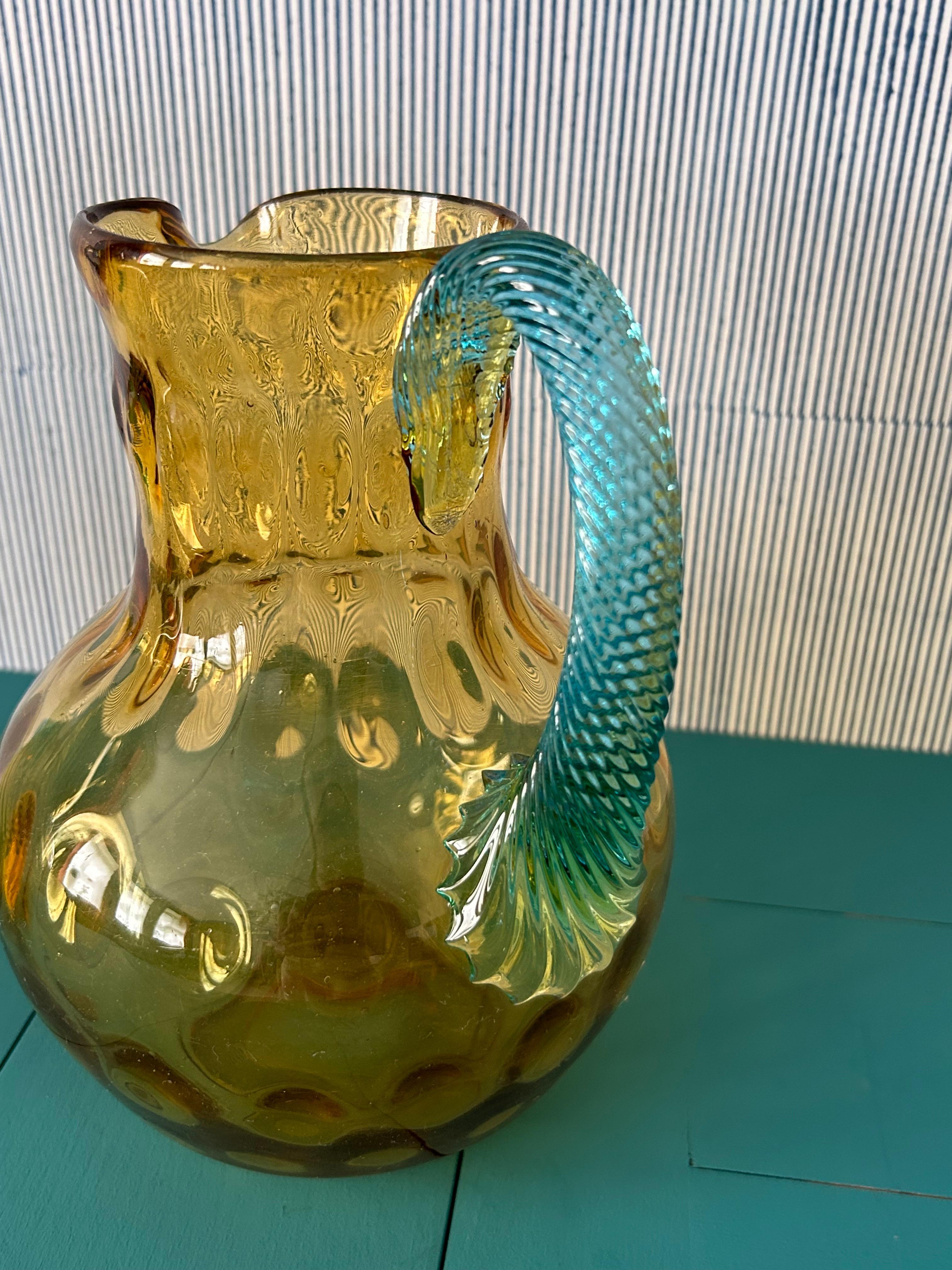 Vintage Pair of Pitchers in Amber and Turquoise Glass, France, 20th Century  3