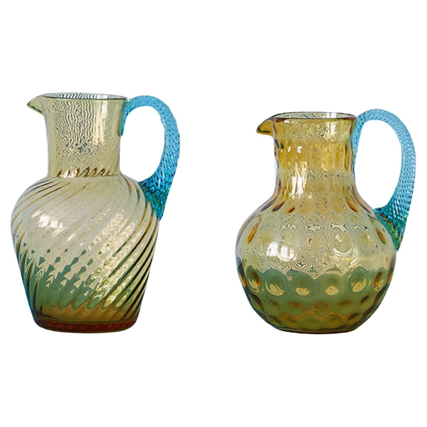 Vintage Pair of Pitchers in Amber and Turquoise Glass, France, 20th Century 