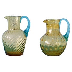 Antique Pair of Pitchers in Amber and Turquoise Glass, France, 20th Century 