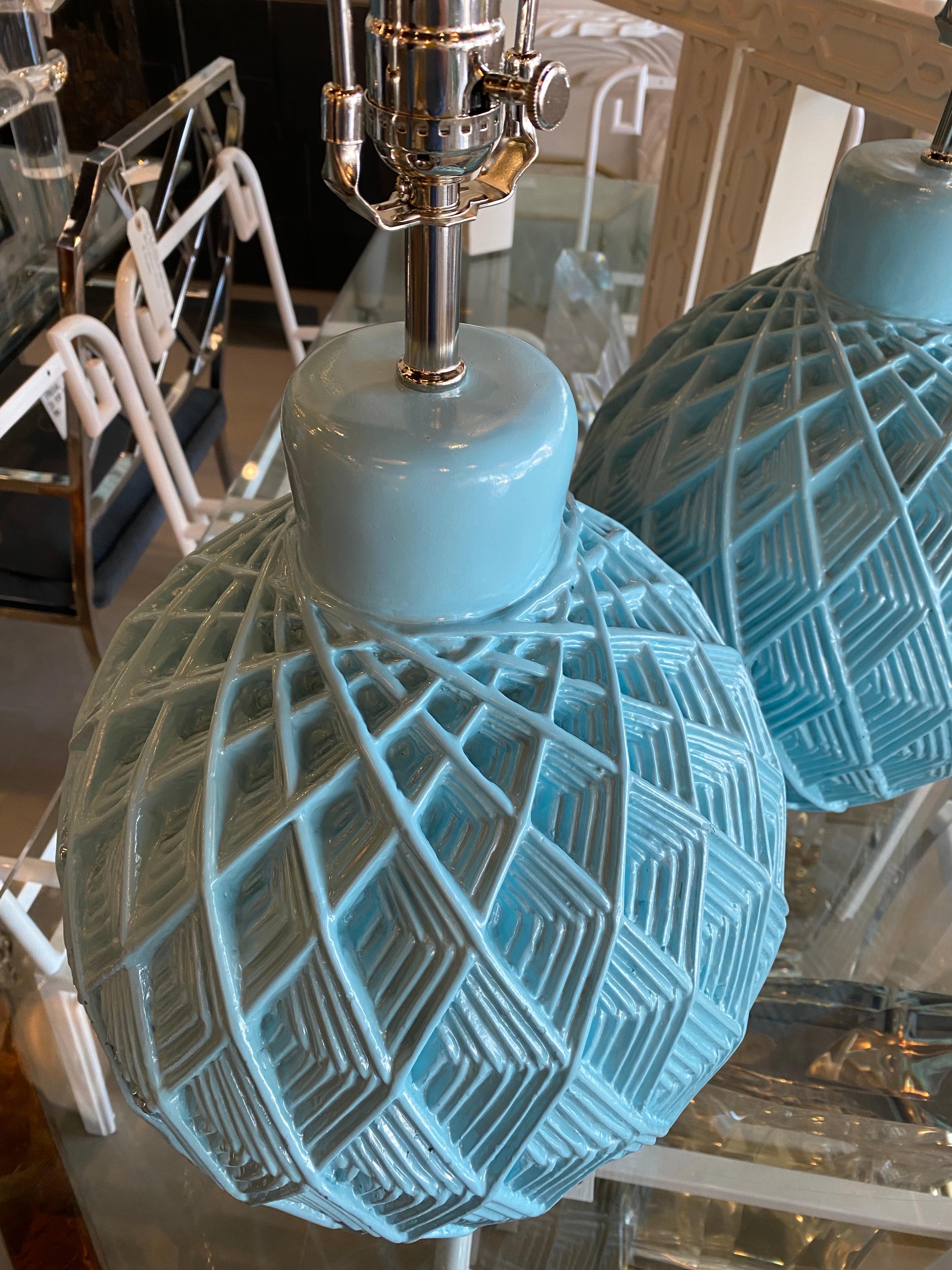 Chrome Vintage Pair of Plaster Geometric Dimensional Lacquered Blue Table Lamps For Sale