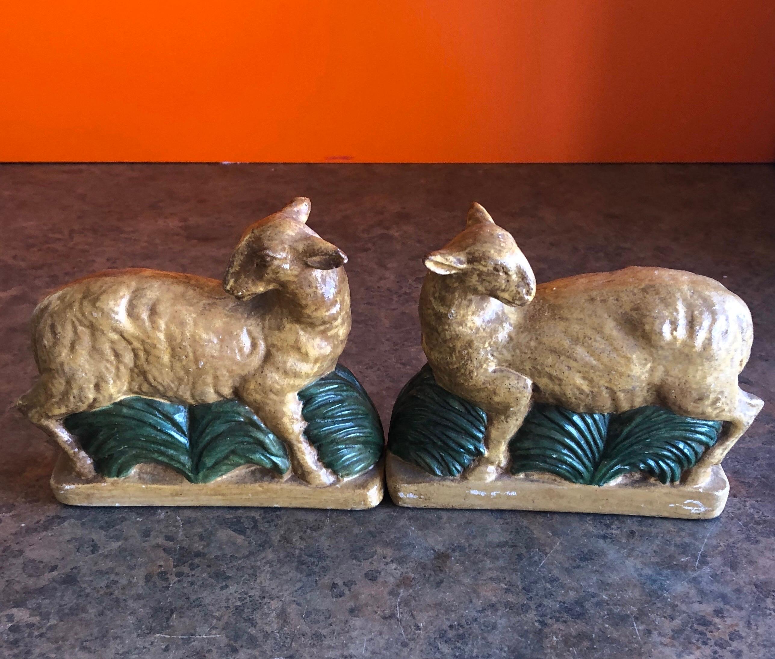 Italian Vintage Pair of Plaster Lamb / Sheep Bookends by Borghese of Italy For Sale