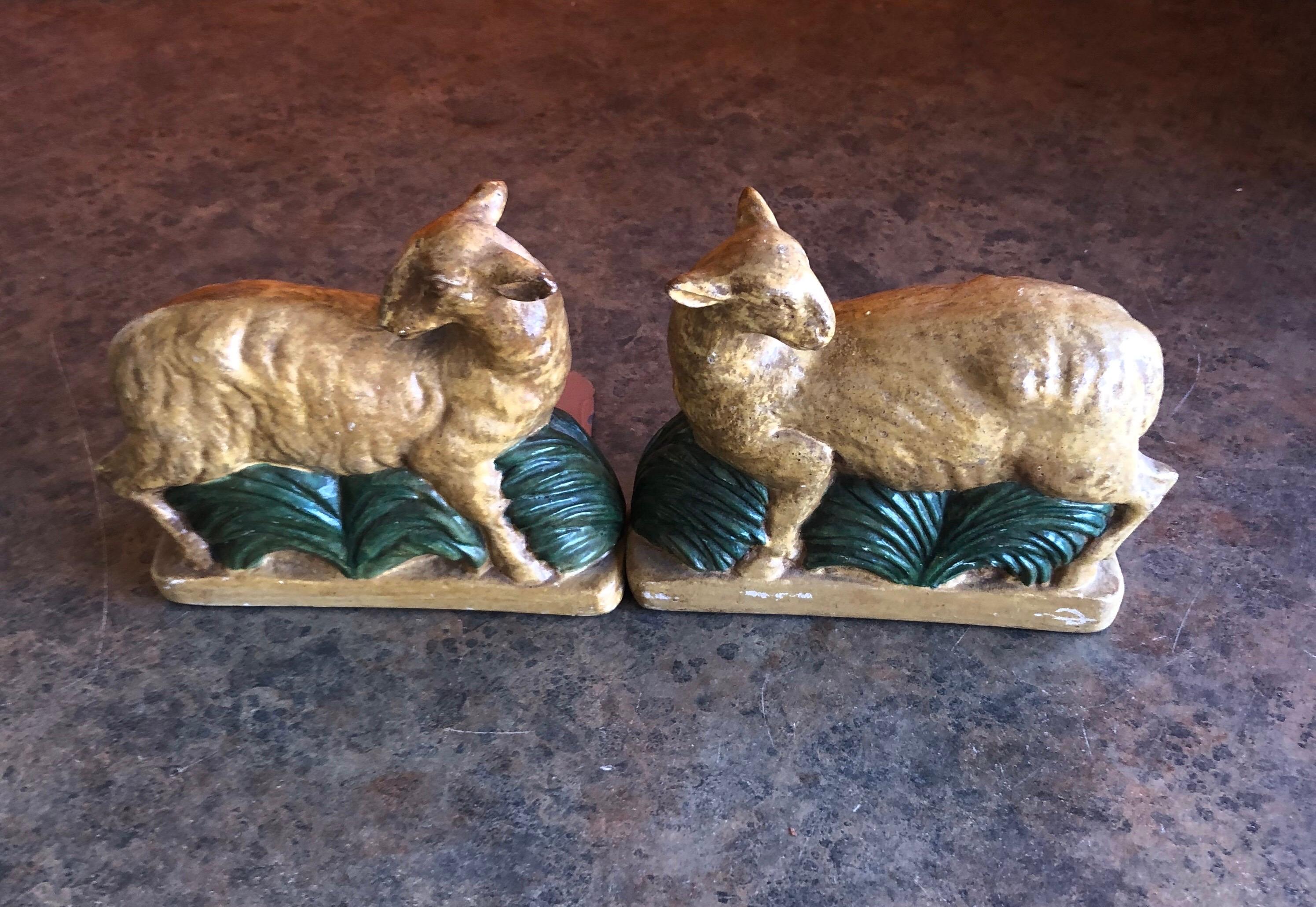 Cast Vintage Pair of Plaster Lamb / Sheep Bookends by Borghese of Italy For Sale