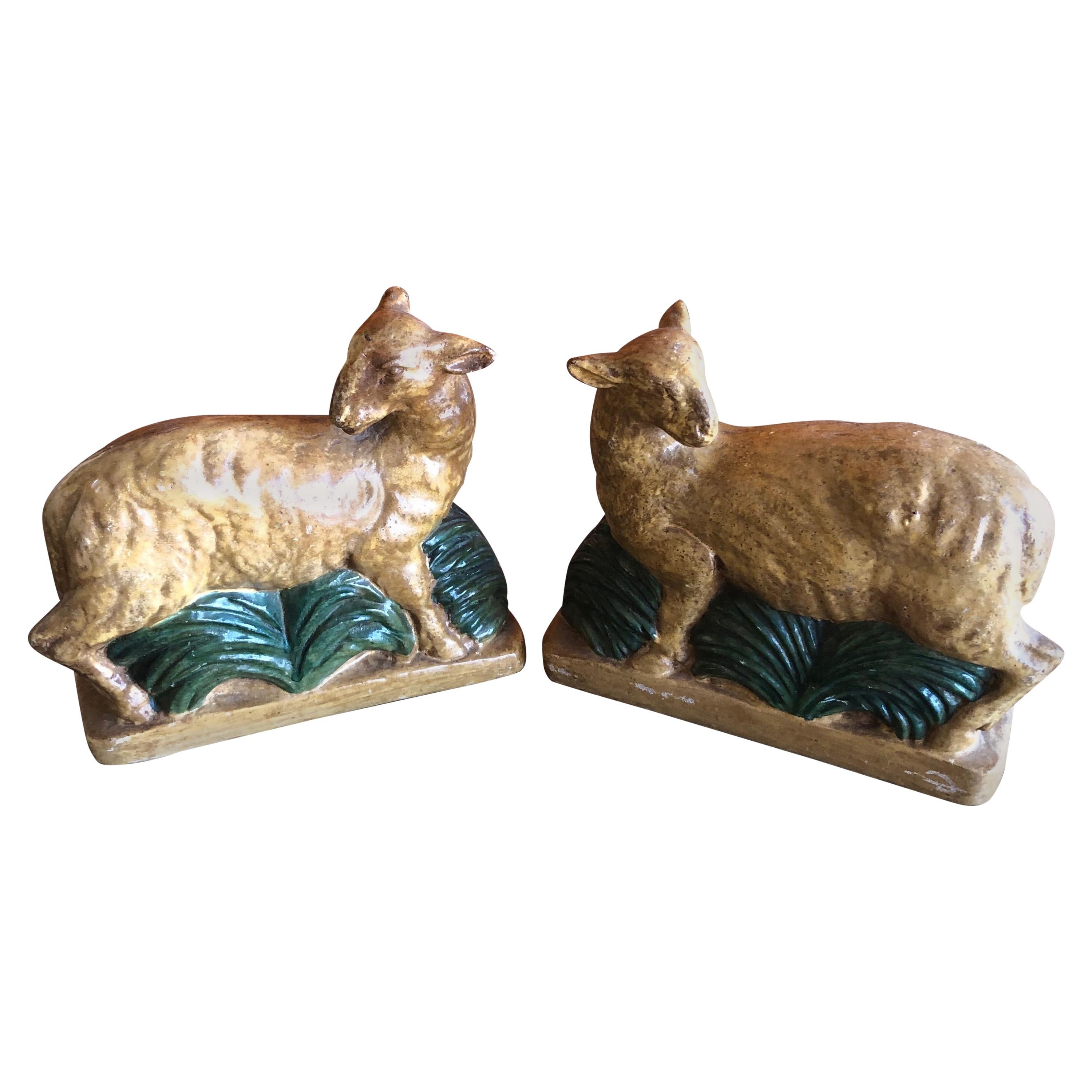 Vintage Pair of Plaster Lamb / Sheep Bookends by Borghese of Italy For Sale