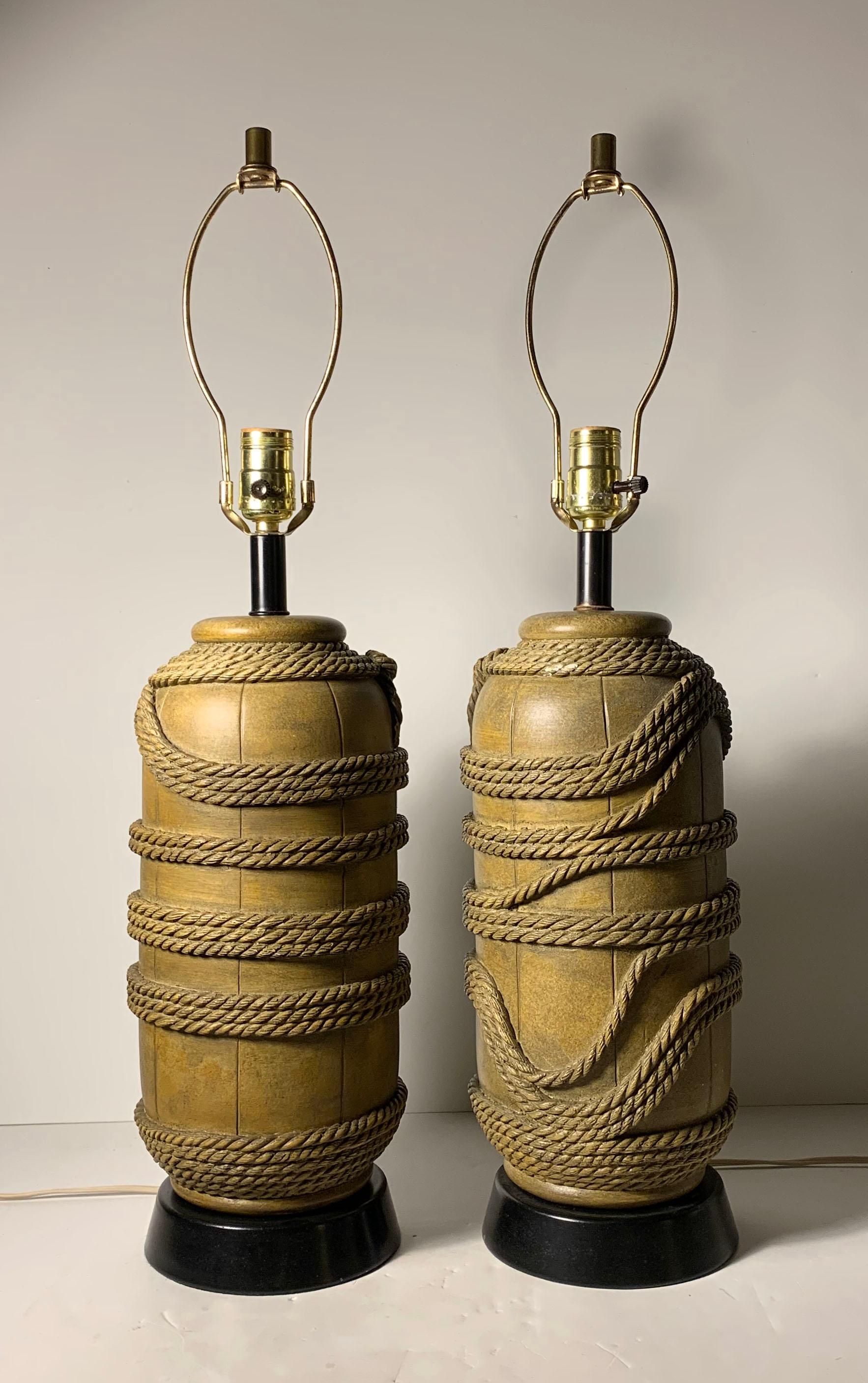 Vintage pair of plaster nautical buoy rope lamps possibly by Chapman.