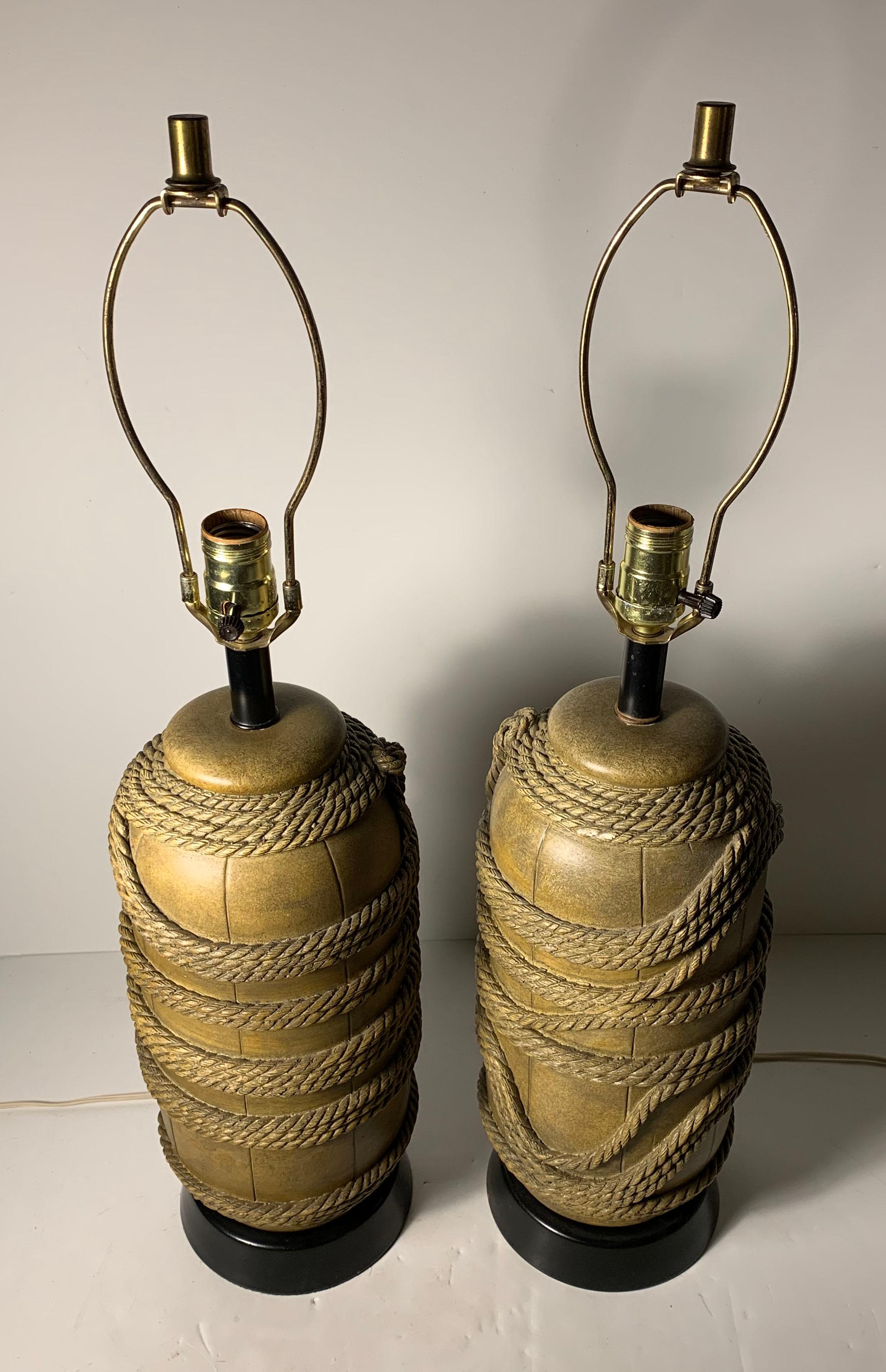Hollywood Regency Vintage Pair of Plaster Nautical Buoy Rope Lamps
