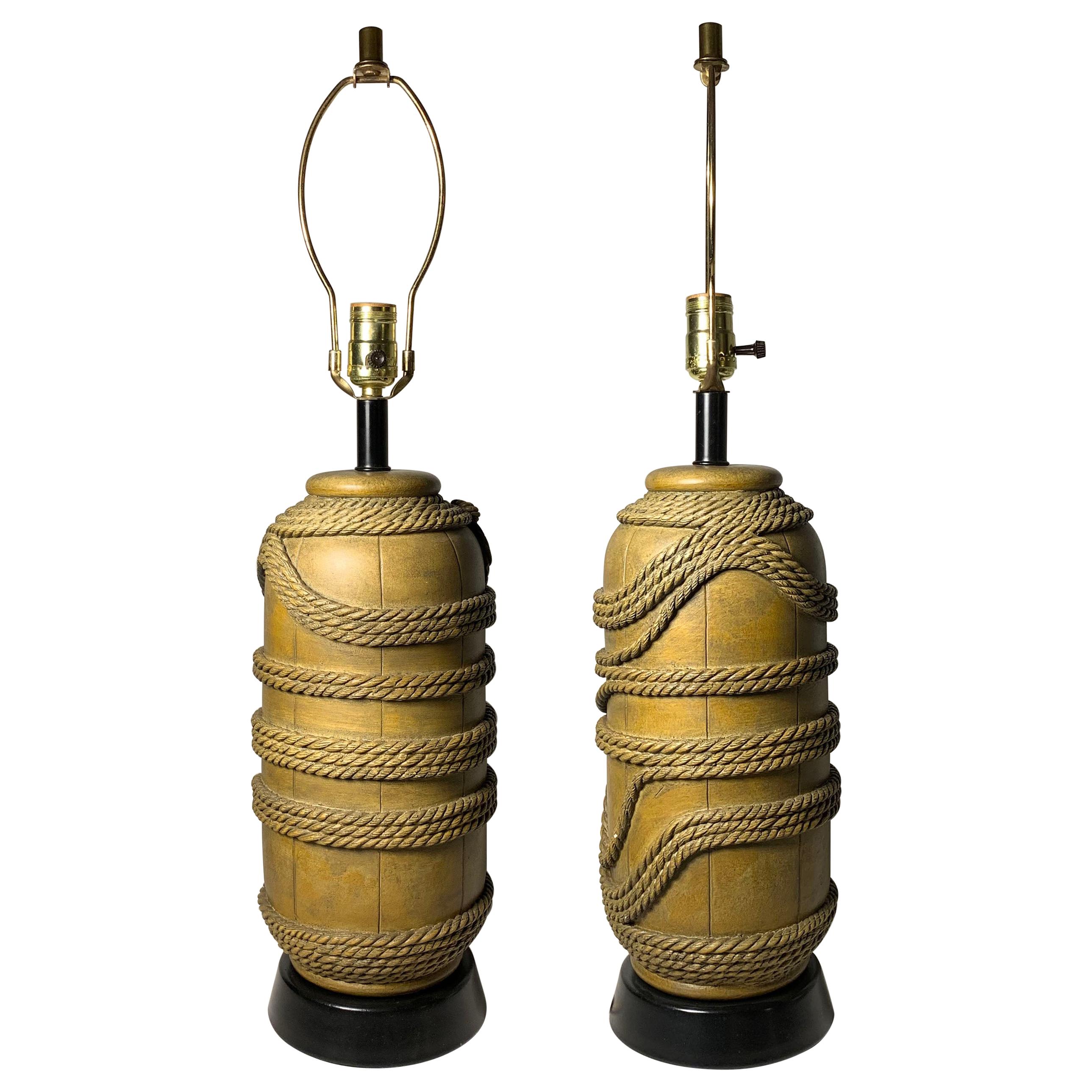 Vintage Pair of Plaster Nautical Buoy Rope Lamps