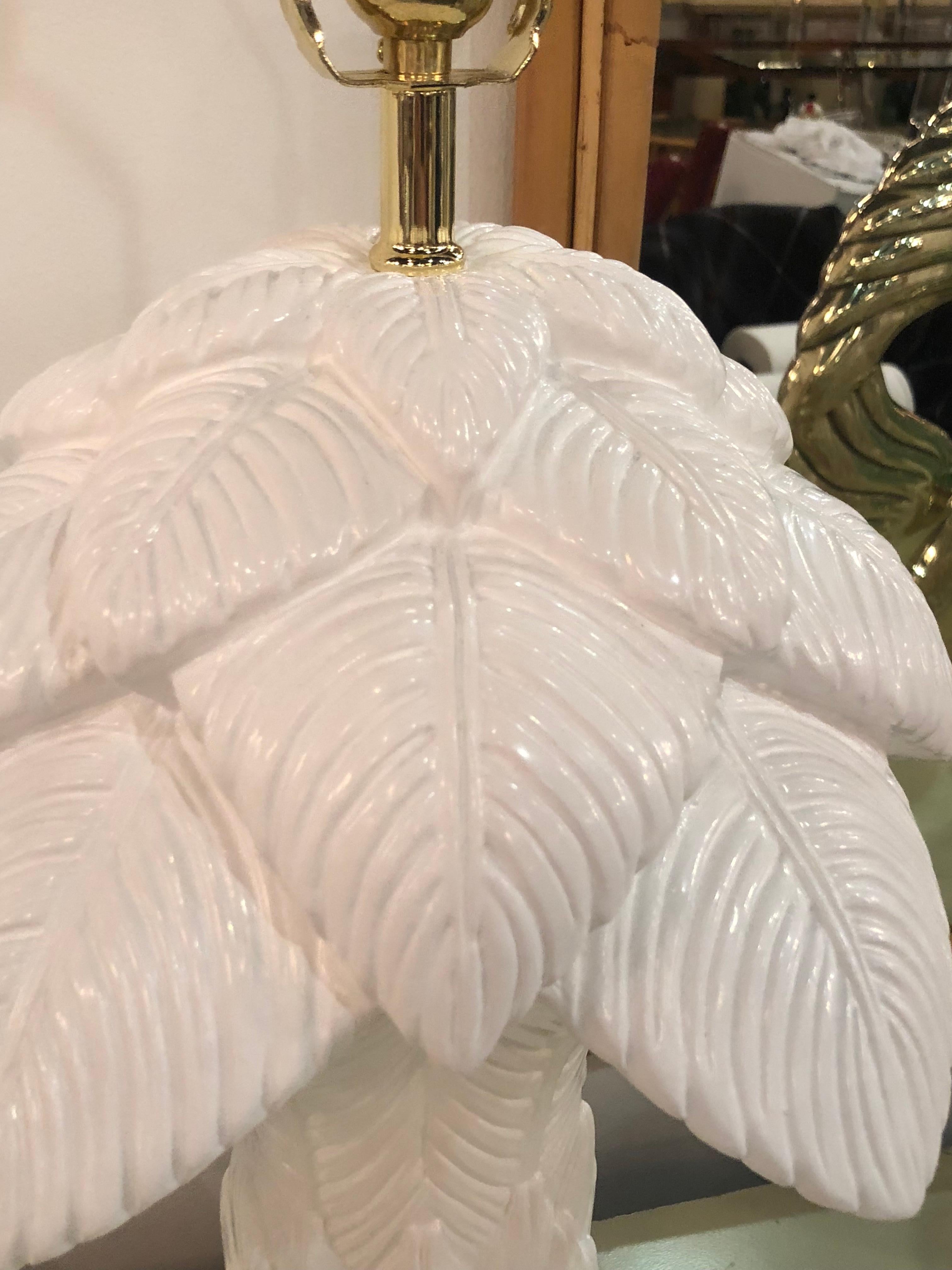 Hollywood Regency Vintage Pair of Plaster Palm Tree Frond Leaves Table Lamps White Lacquered Brass