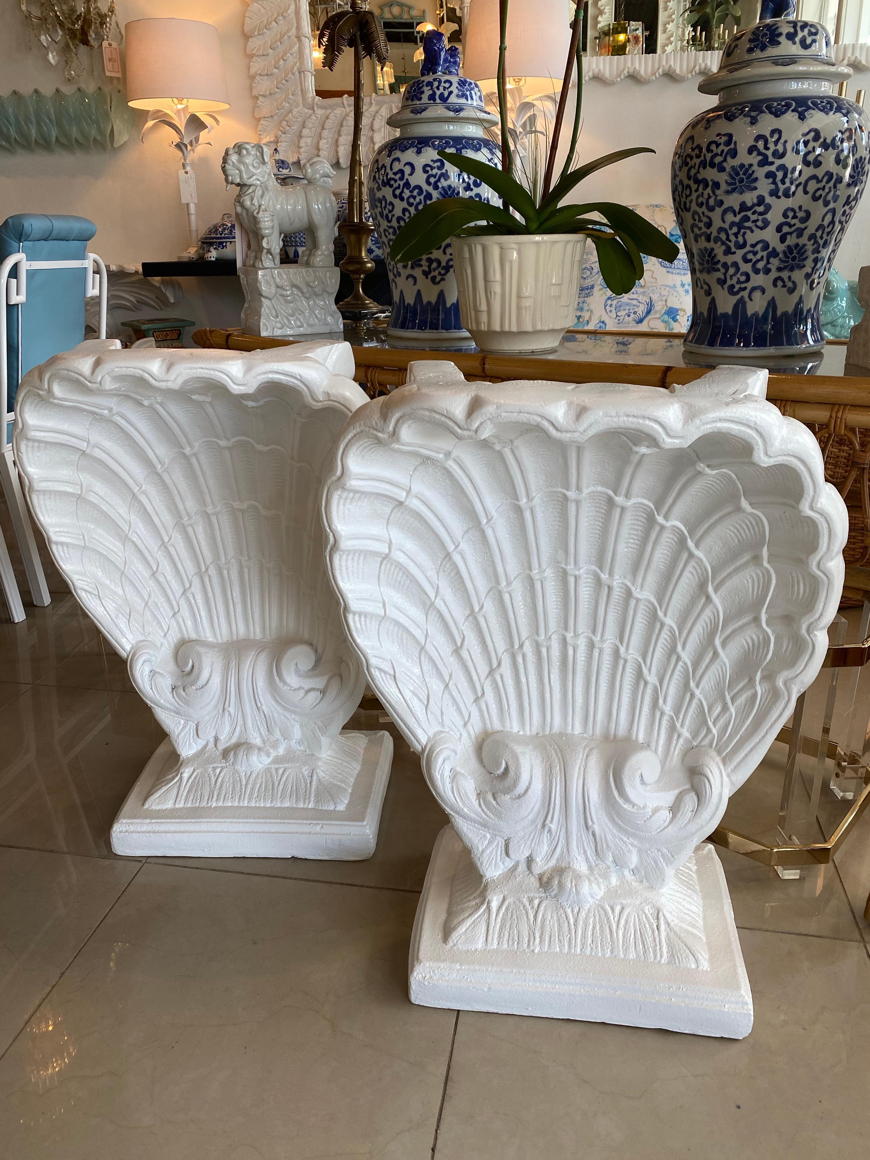 Lovely pair of vintage plaster seashell scalloped shell dining table, console table, or desk bases. These have been professionally lacquered in a soft satin white to give them a clean look. You can top with your own glass.