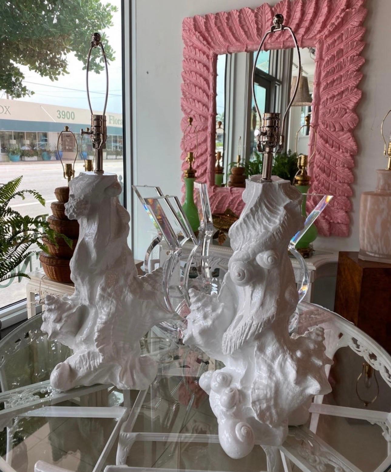 Vintage Pair of Plaster Seashell Shell Table Lamps by Sirmos Newly Restored For Sale 3
