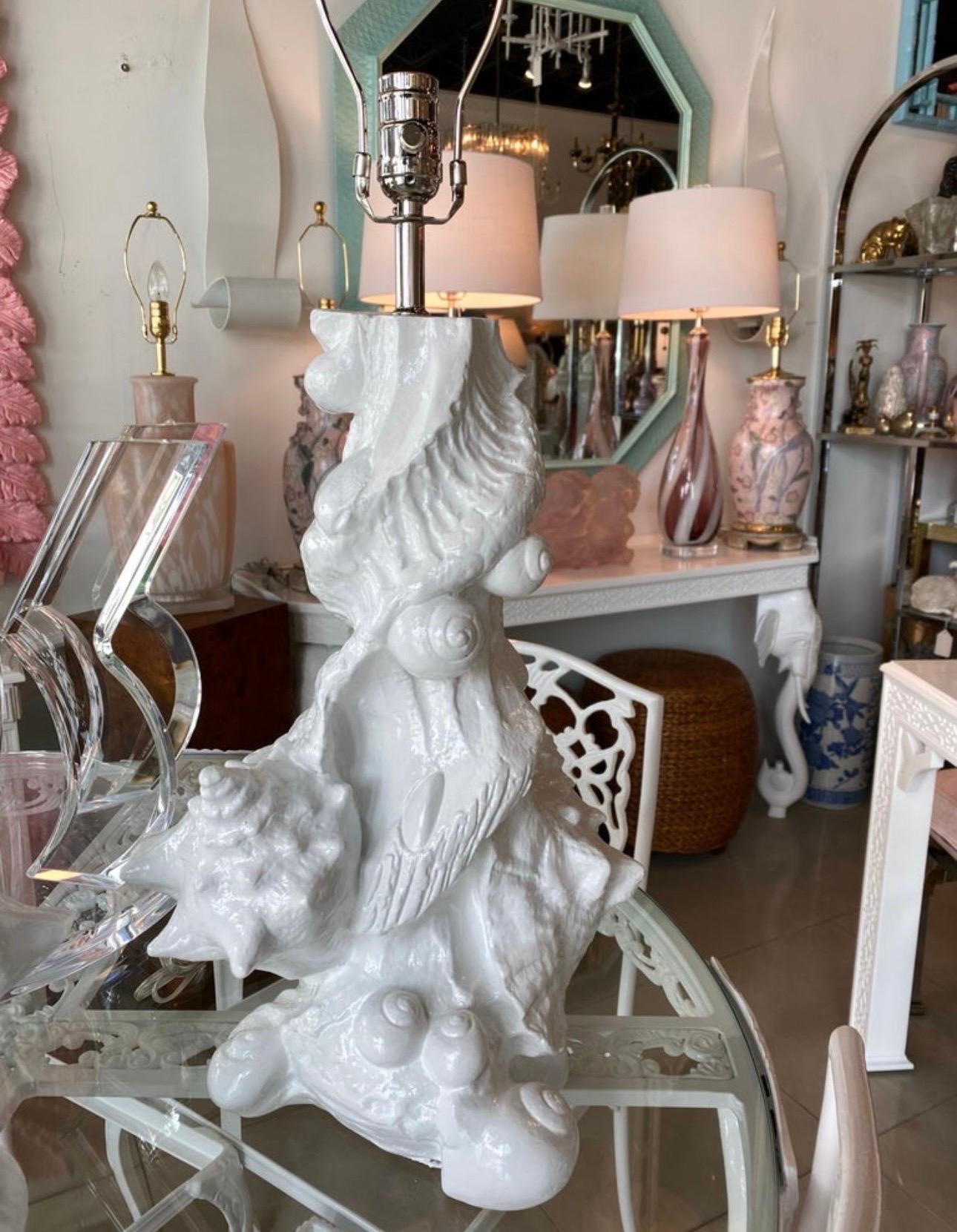 Vintage Pair of Plaster Seashell Shell Table Lamps by Sirmos Newly Restored For Sale 4