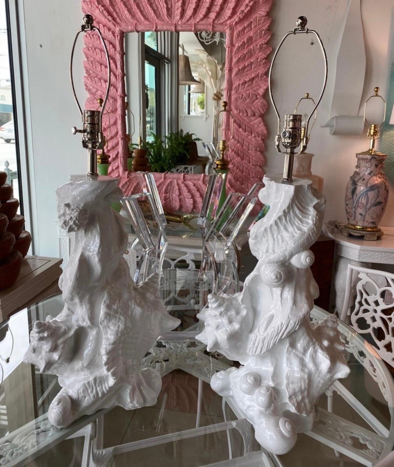 Vintage Pair of Plaster Seashell Shell Table Lamps by Sirmos Newly Restored For Sale 7