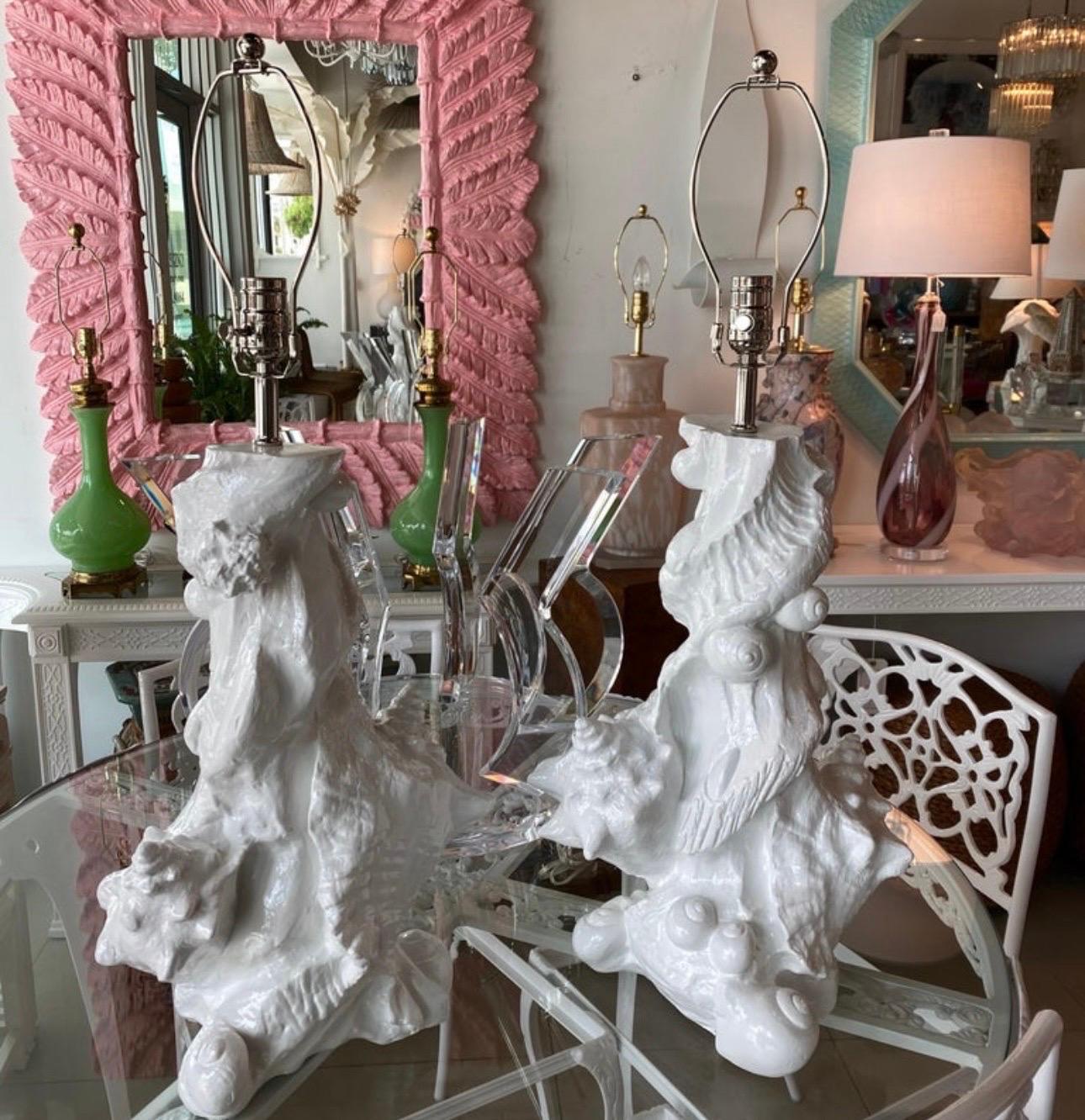Lovely pair of vintage plaster seashell table lamps by Sirmos. These have been professionally wired, all new nickel hardware, 3 way sockets. These have been newly lacquered to complete the fresh look of these Classic lamps. No chips or breaks.