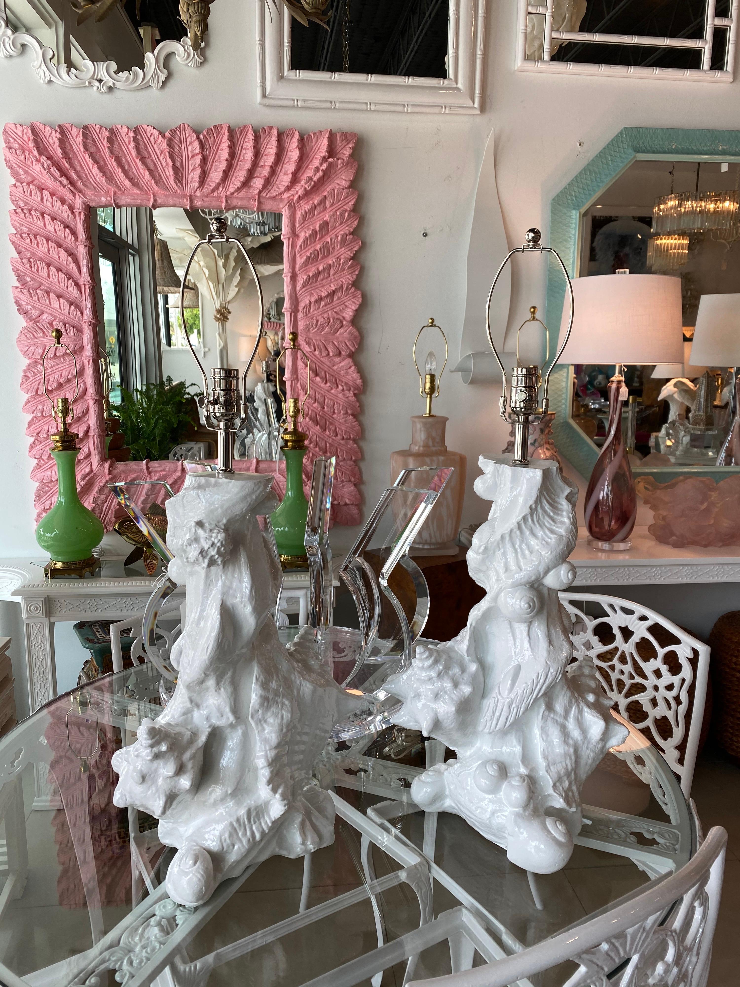 Hollywood Regency Vintage Pair of Plaster Seashell Shell Table Lamps by Sirmos Newly Restored