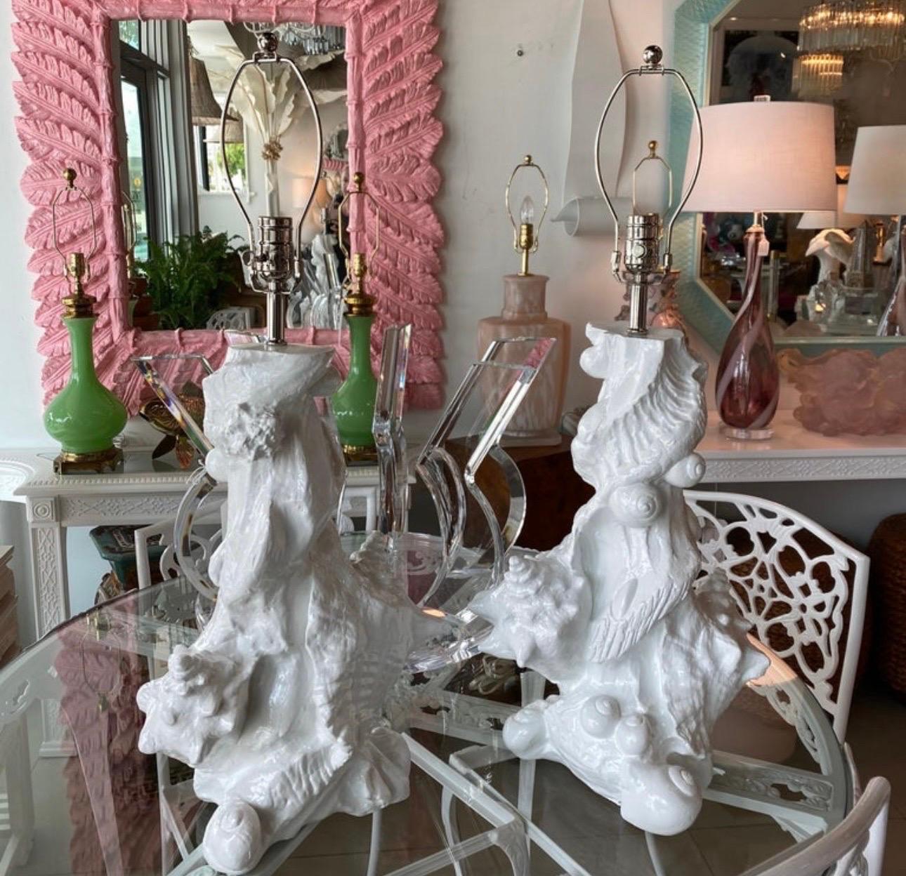 American Vintage Pair of Plaster Seashell Shell Table Lamps by Sirmos Newly Restored For Sale