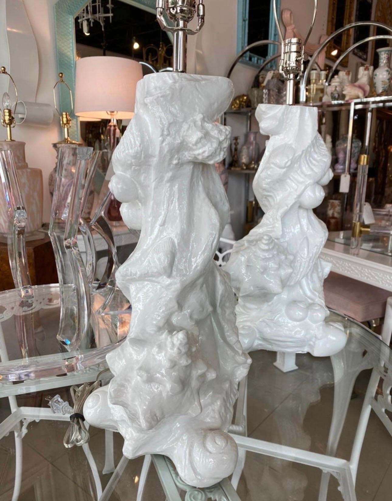 Vintage Pair of Plaster Seashell Shell Table Lamps by Sirmos Newly Restored For Sale 1