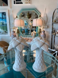 Vintage Pair of Plaster White Lacquered Palm Tree Table Lamps Newly Wired Brass