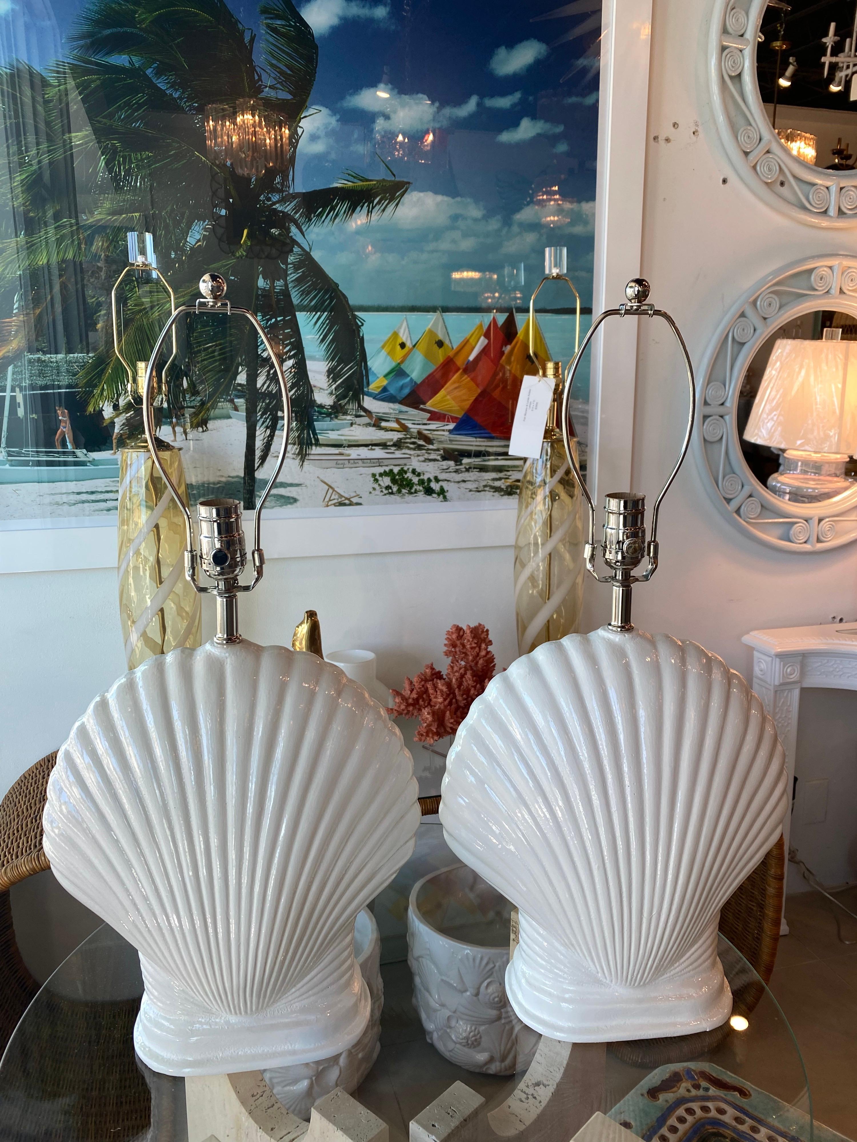 American Vintage Pair of Plaster White Scallop Seashell Shell Table Lamps Newly Wired