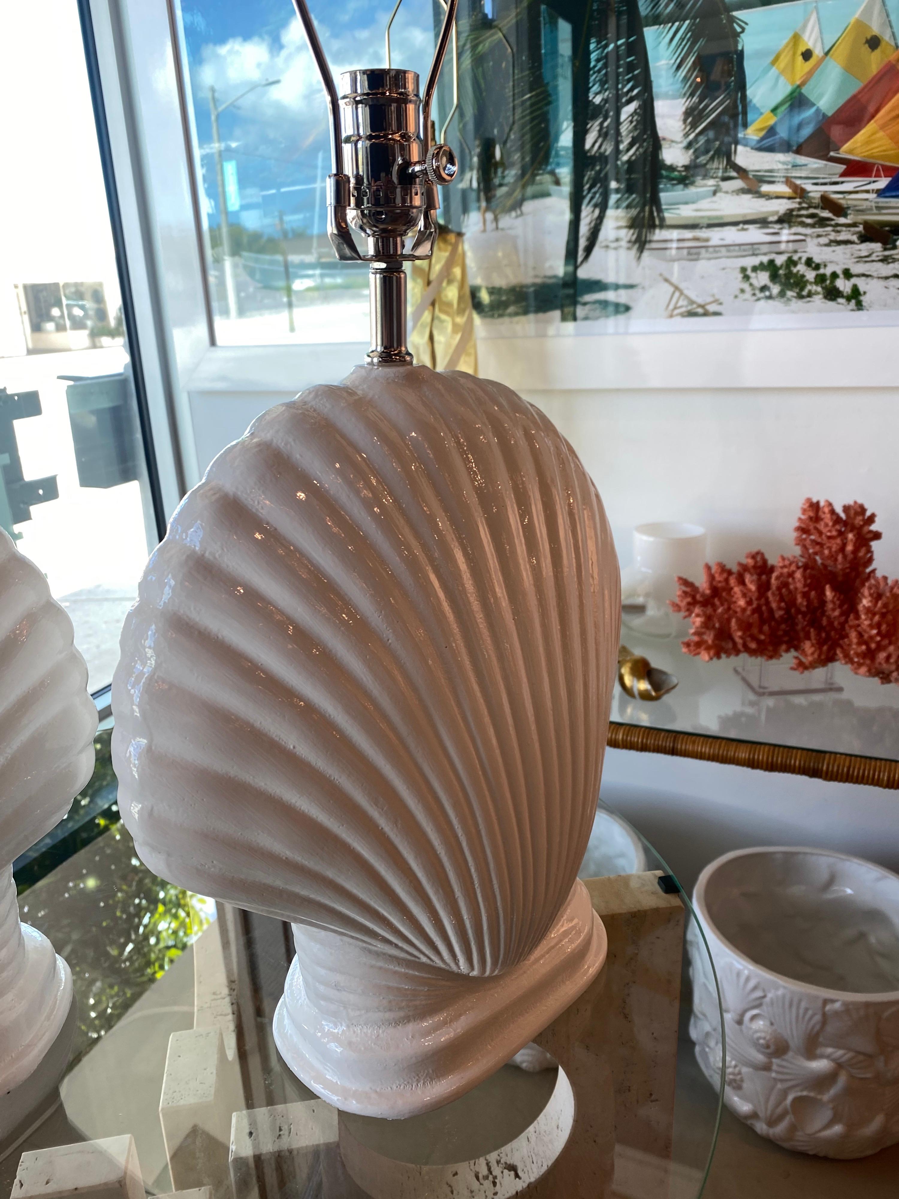 Late 20th Century Vintage Pair of Plaster White Scallop Seashell Shell Table Lamps Newly Wired