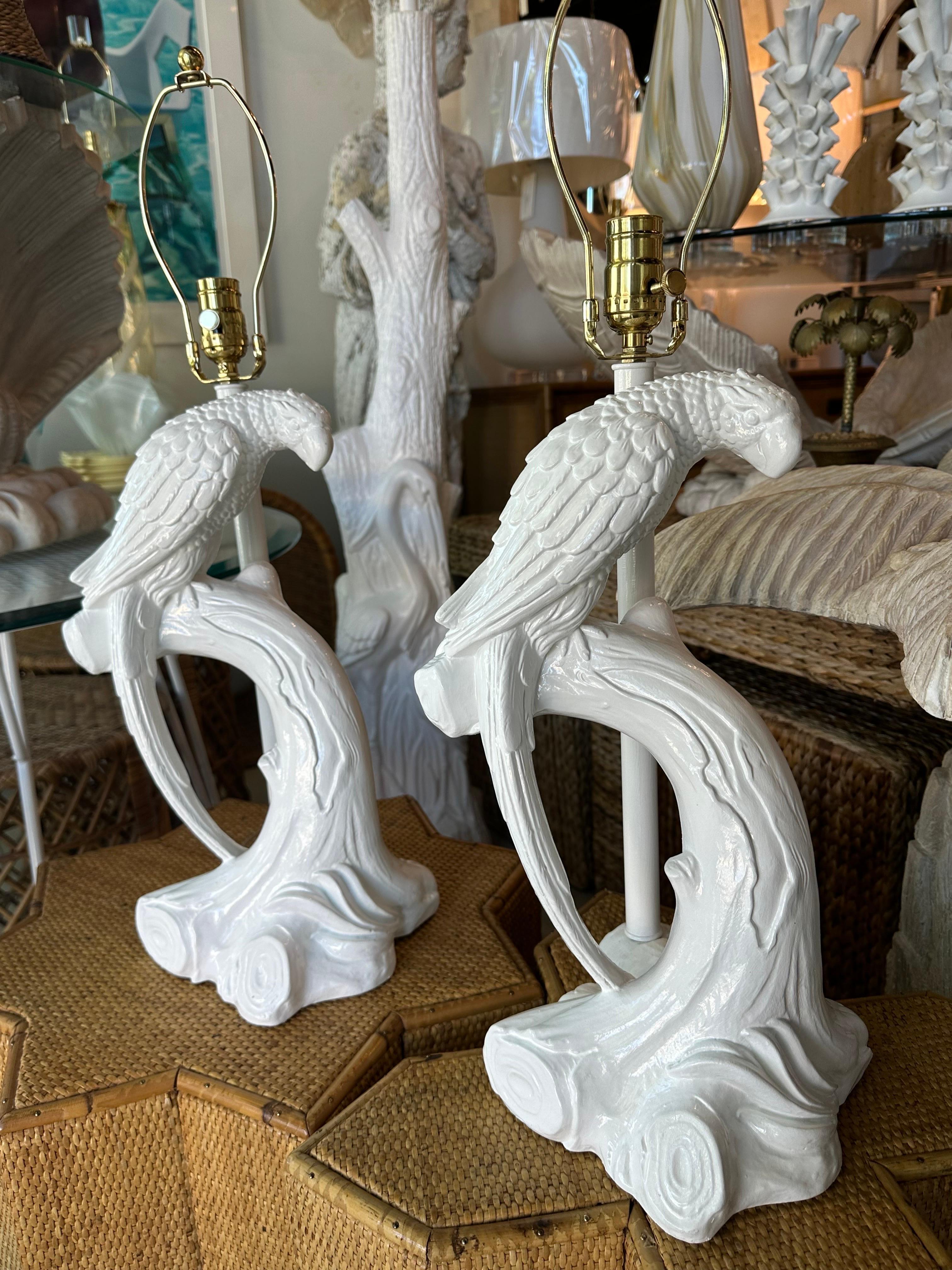 Hollywood Regency Vintage Pair of Plaster White Tropical Parrot Bird Table Lamps Restored  For Sale