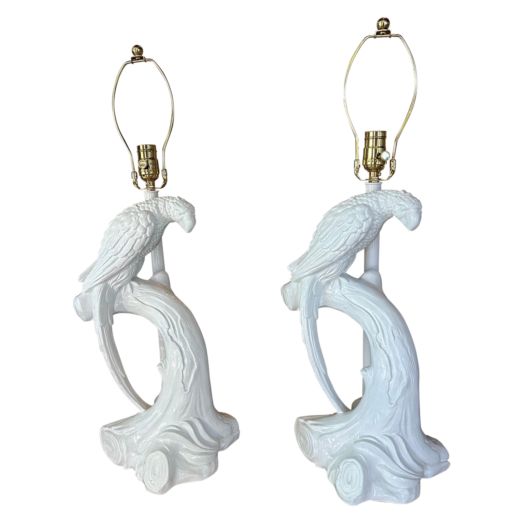 Vintage Pair of Plaster White Tropical Parrot Bird Table Lamps Restored