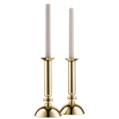 Vintage Pair of Polished Brass Candlesticks in Modernist Style