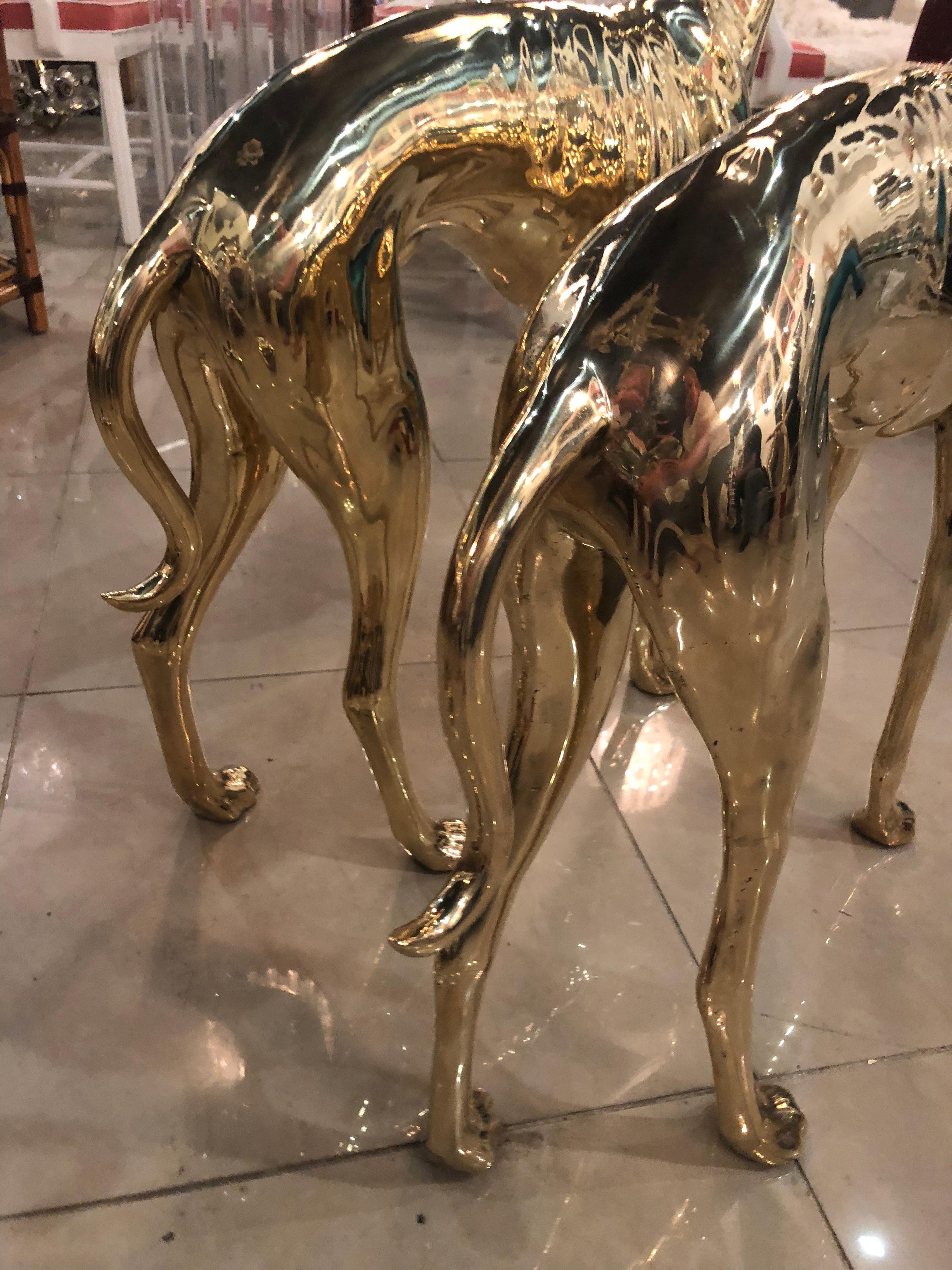 Vintage Pair of Polished Brass Life-Size Greyhound Dog Statues 1