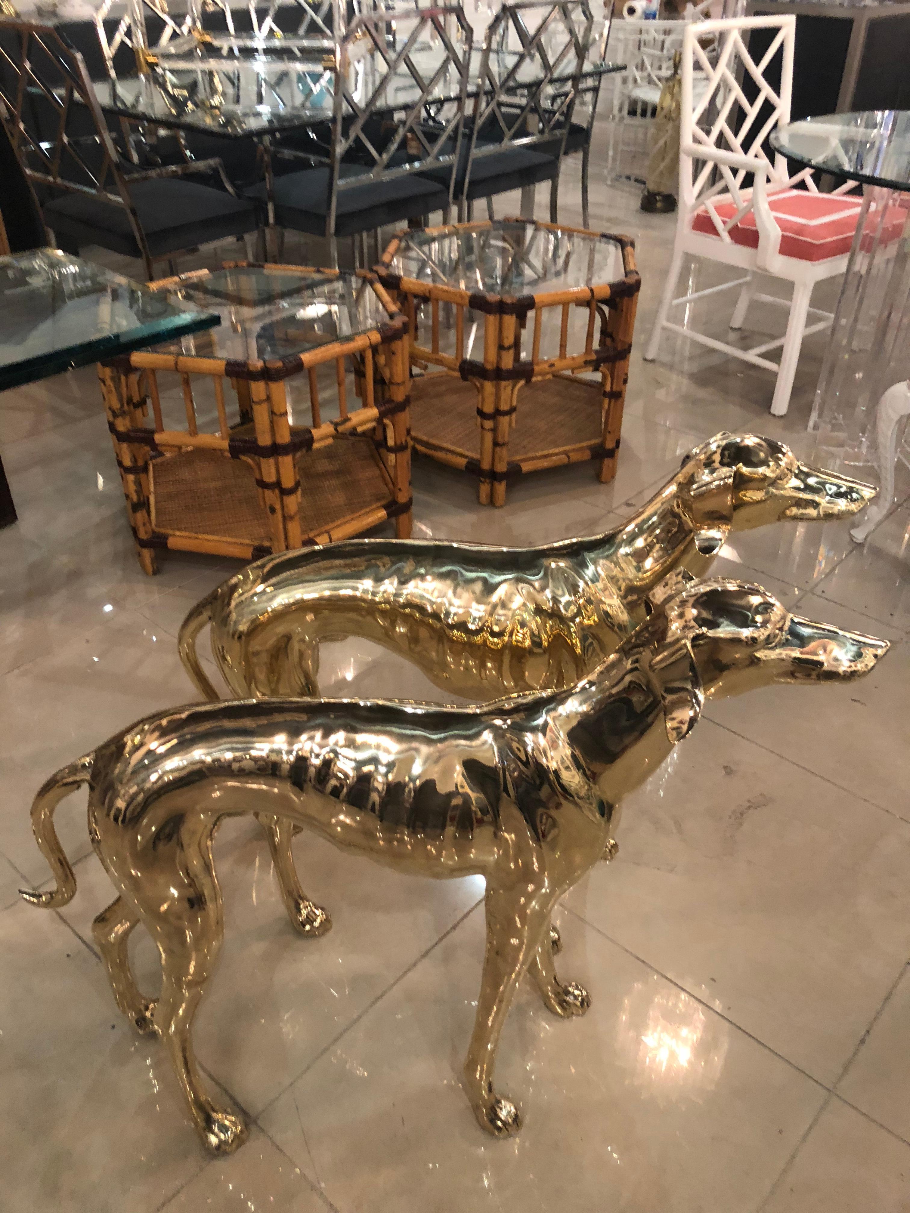 Hollywood Regency Vintage Pair of Polished Brass Life-Size Greyhound Dog Statues