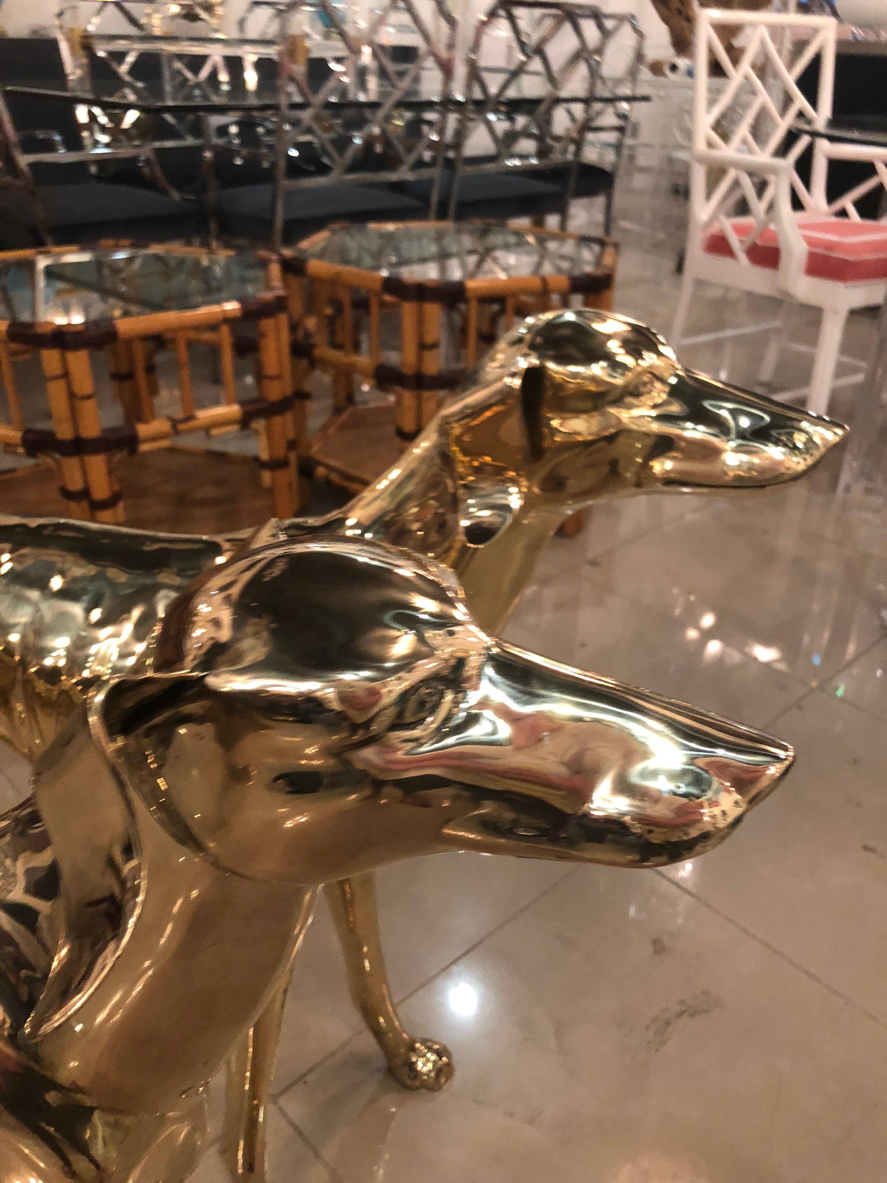 Vintage Pair of Polished Brass Life-Size Greyhound Dog Statues In Good Condition In West Palm Beach, FL