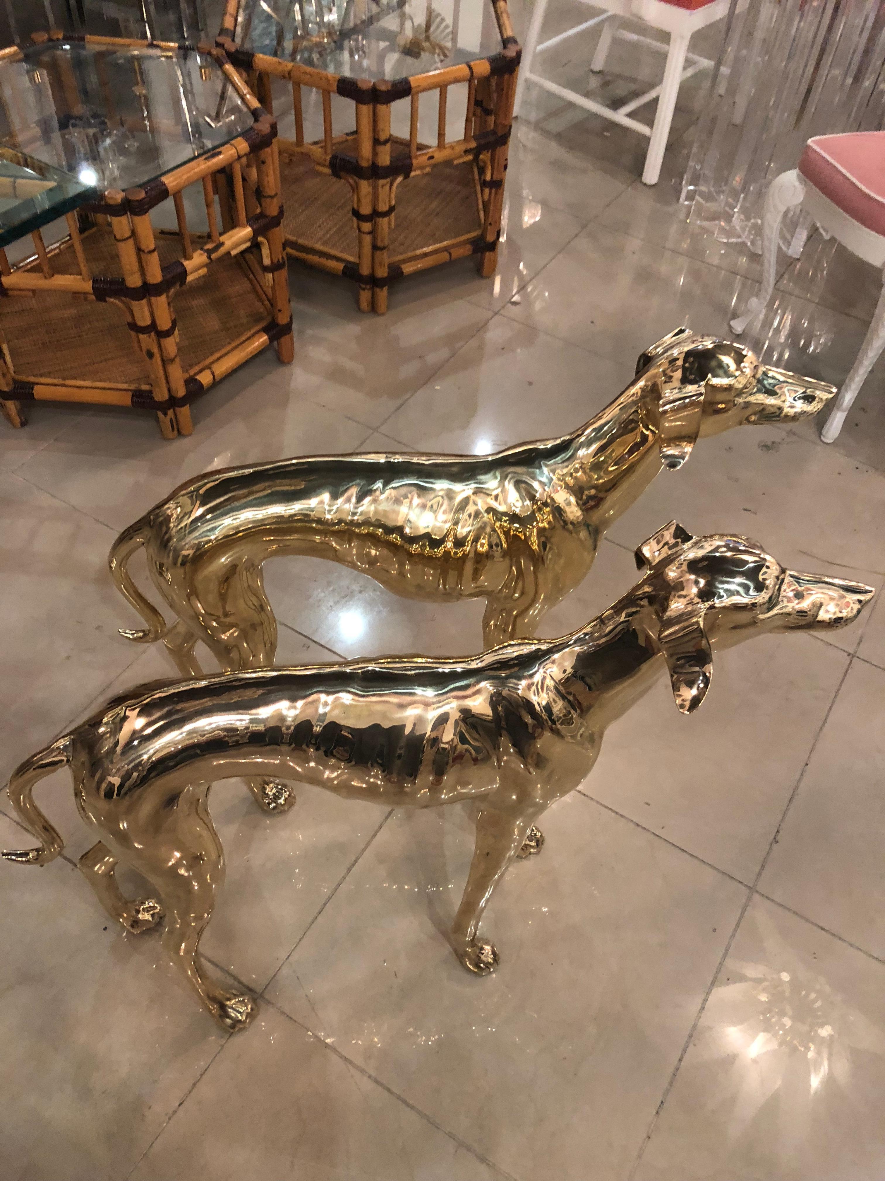 Late 20th Century Vintage Pair of Polished Brass Life-Size Greyhound Dog Statues