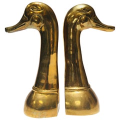 Vintage Polished Cast Brass Duck Bookends, circa 1950