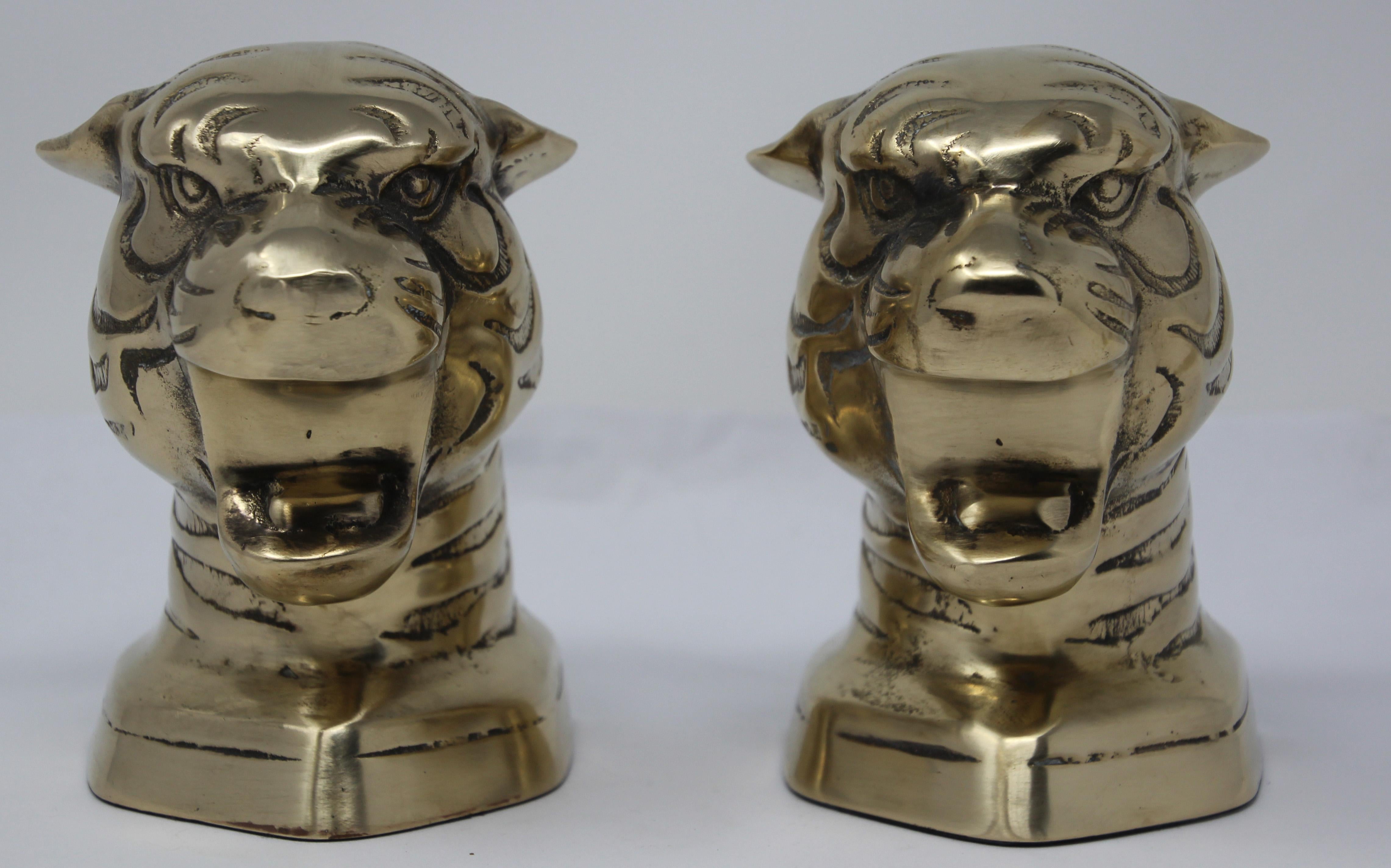 Vintage Pair of Polished Cast Brass Tigers Bookends, circa 1950 4