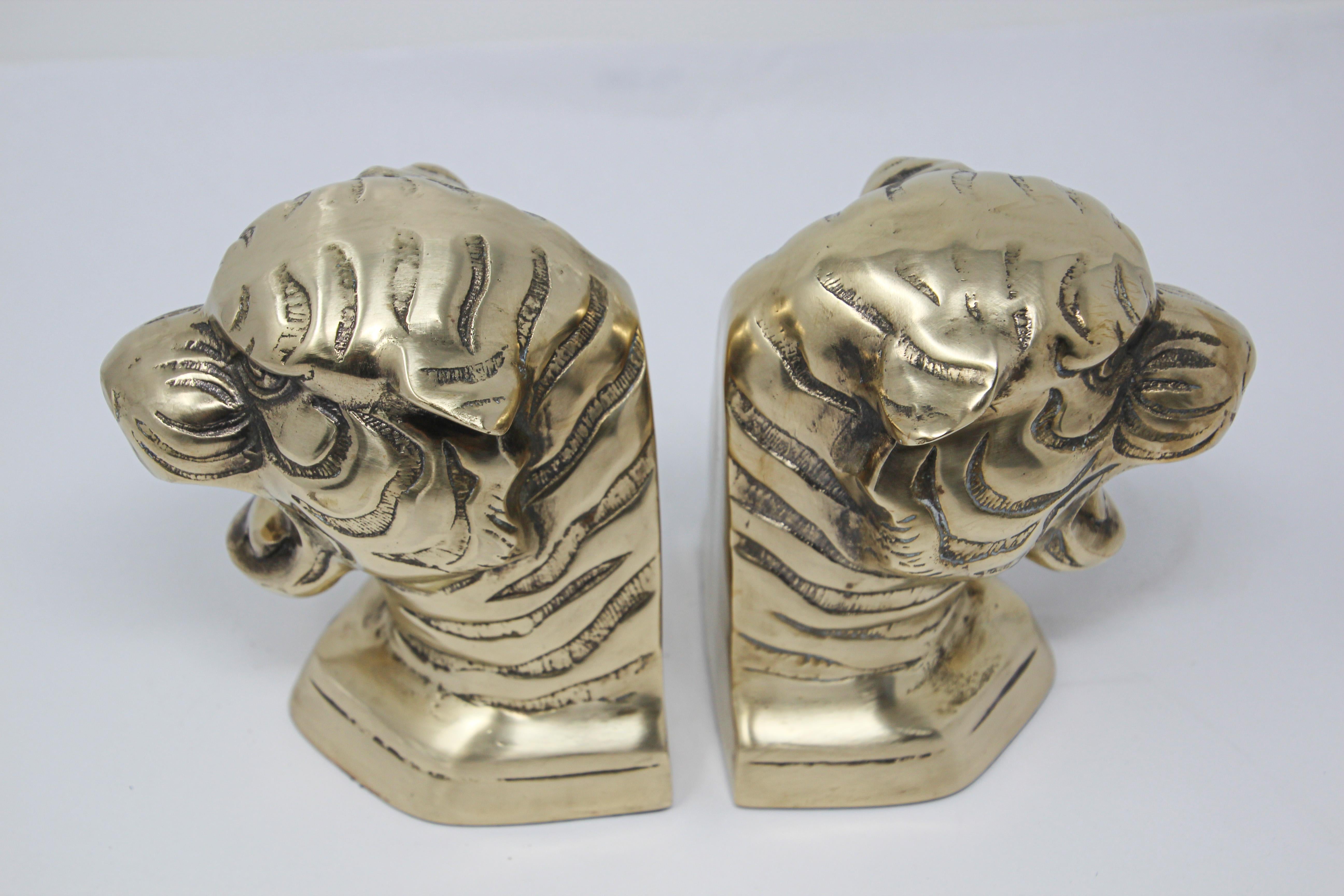 Vintage Pair of Polished Cast Brass Tigers Bookends, circa 1950 1