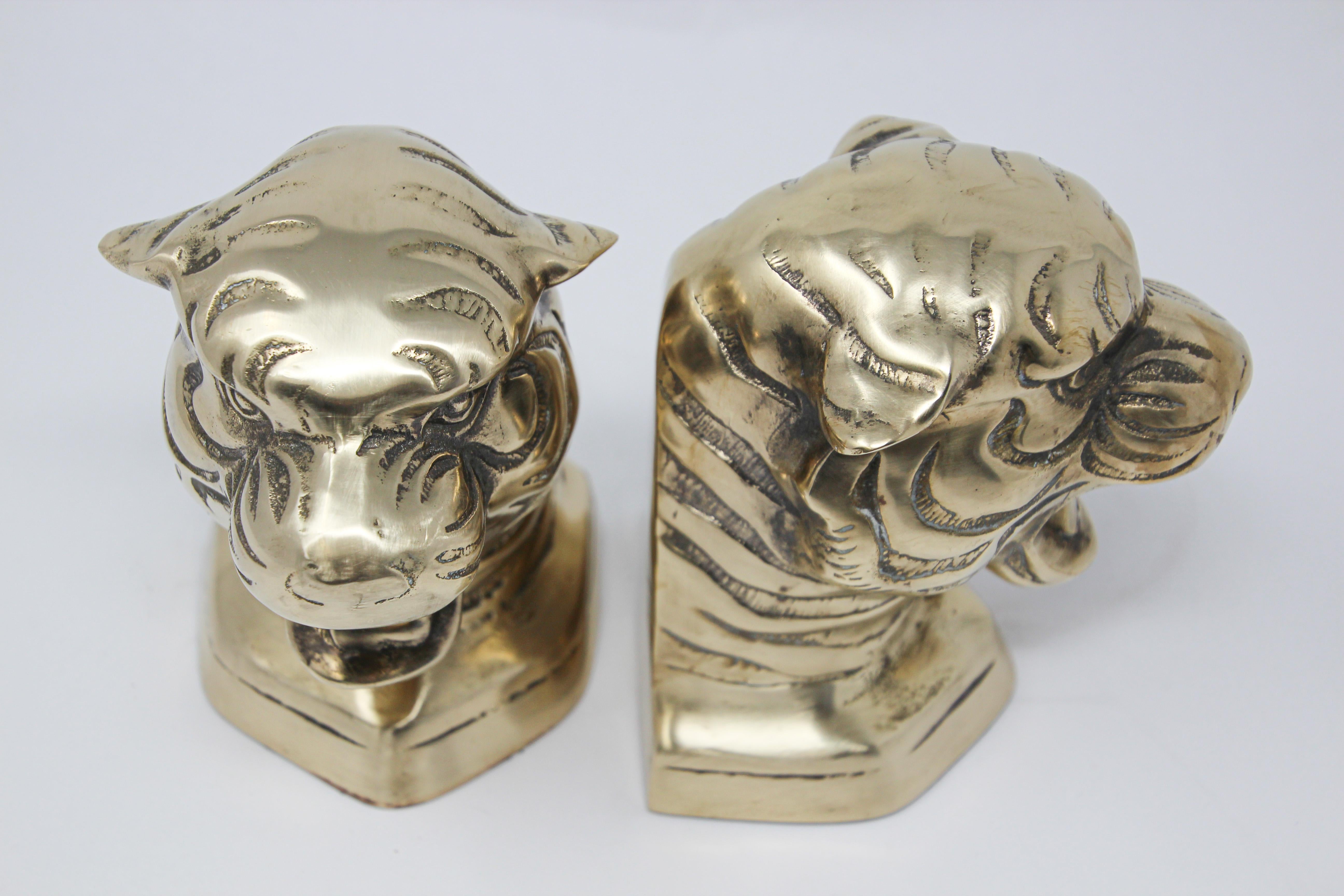 Vintage Pair of Polished Cast Brass Tigers Bookends, circa 1950 2