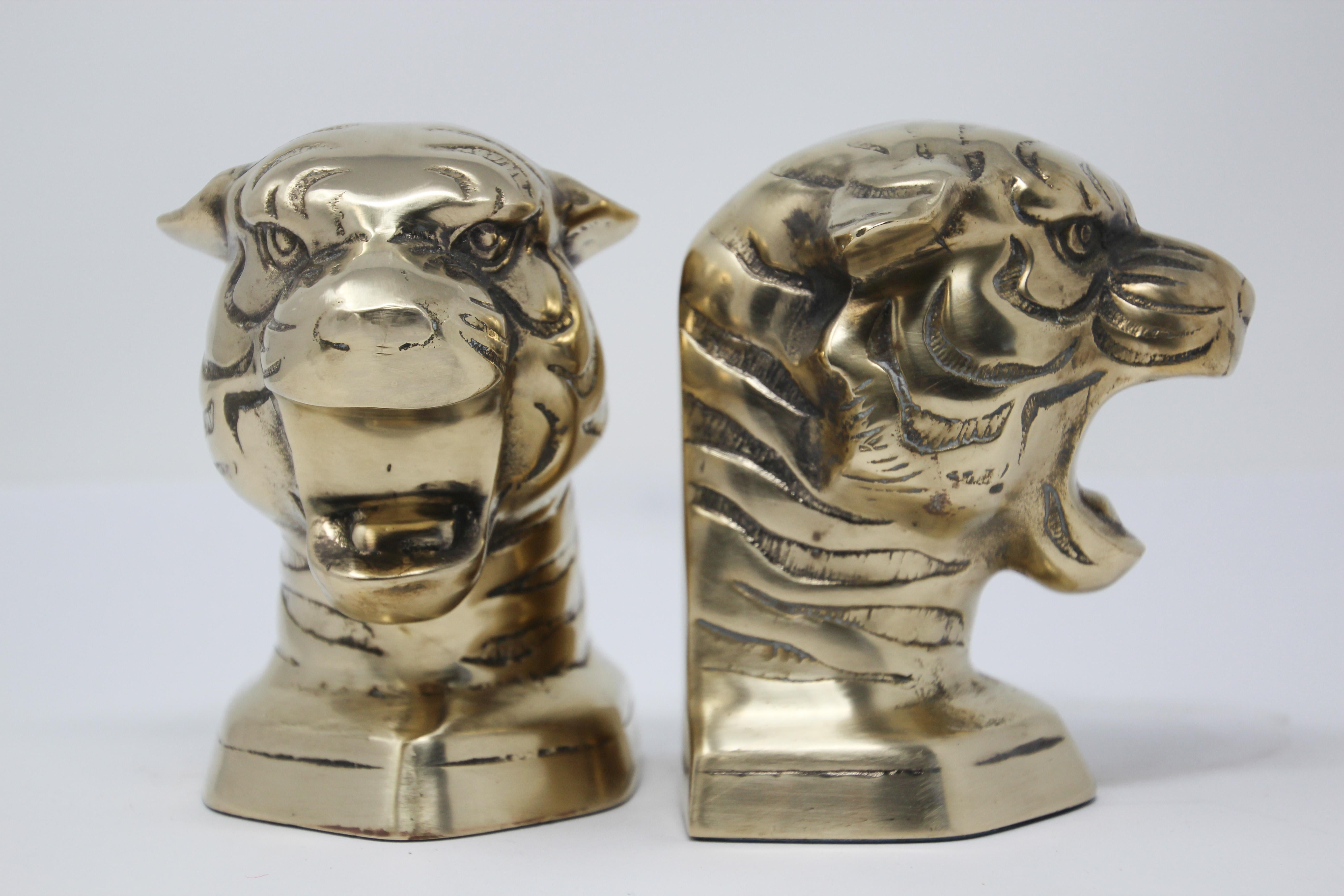 Vintage Pair of Polished Cast Brass Tigers Bookends, circa 1950 3