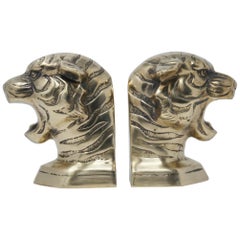 Vintage Pair of Polished Cast Brass Tigers Bookends, circa 1950