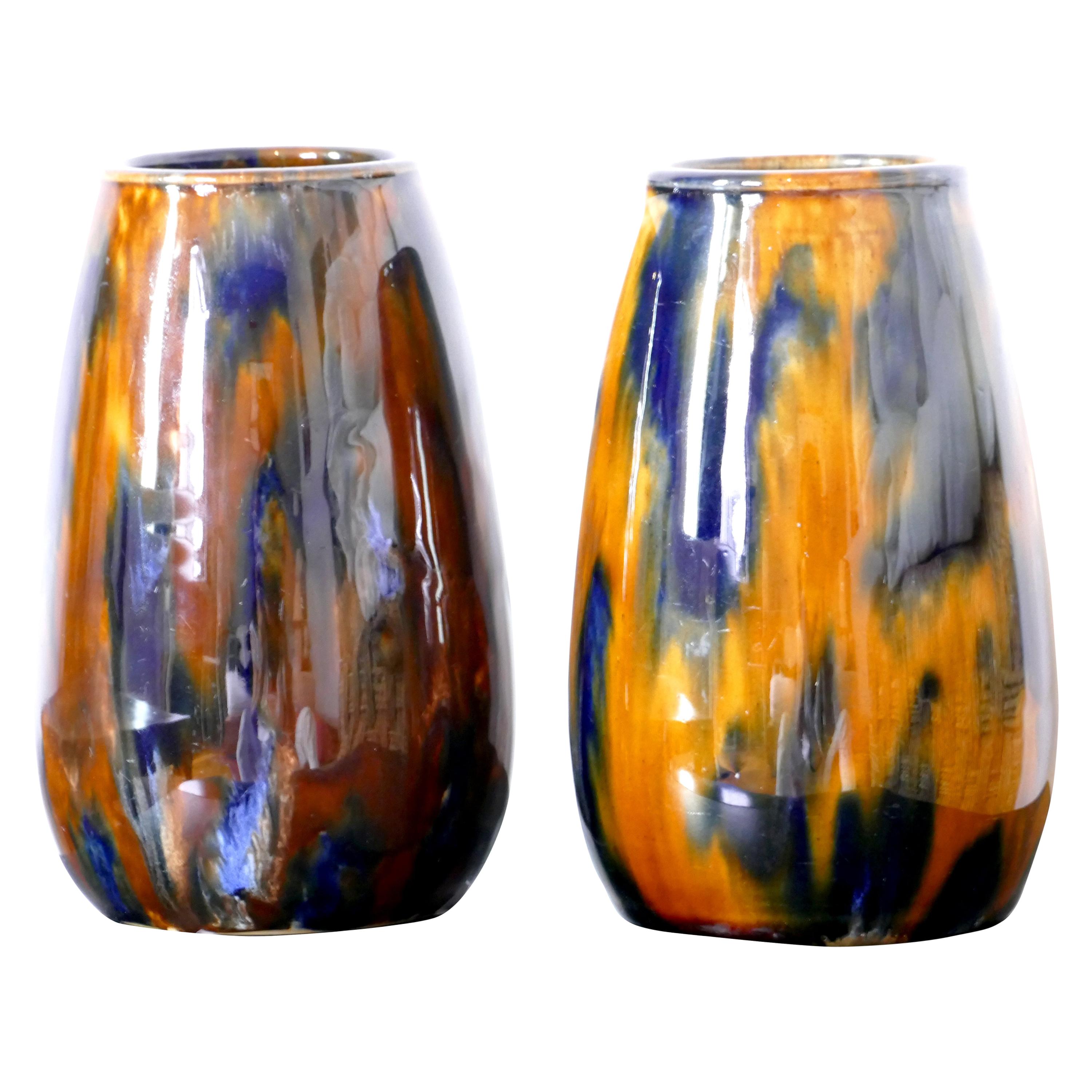 Vintage Pair of Polychrome Vases by G.H. Richard London Matlock, Late 1900 For Sale