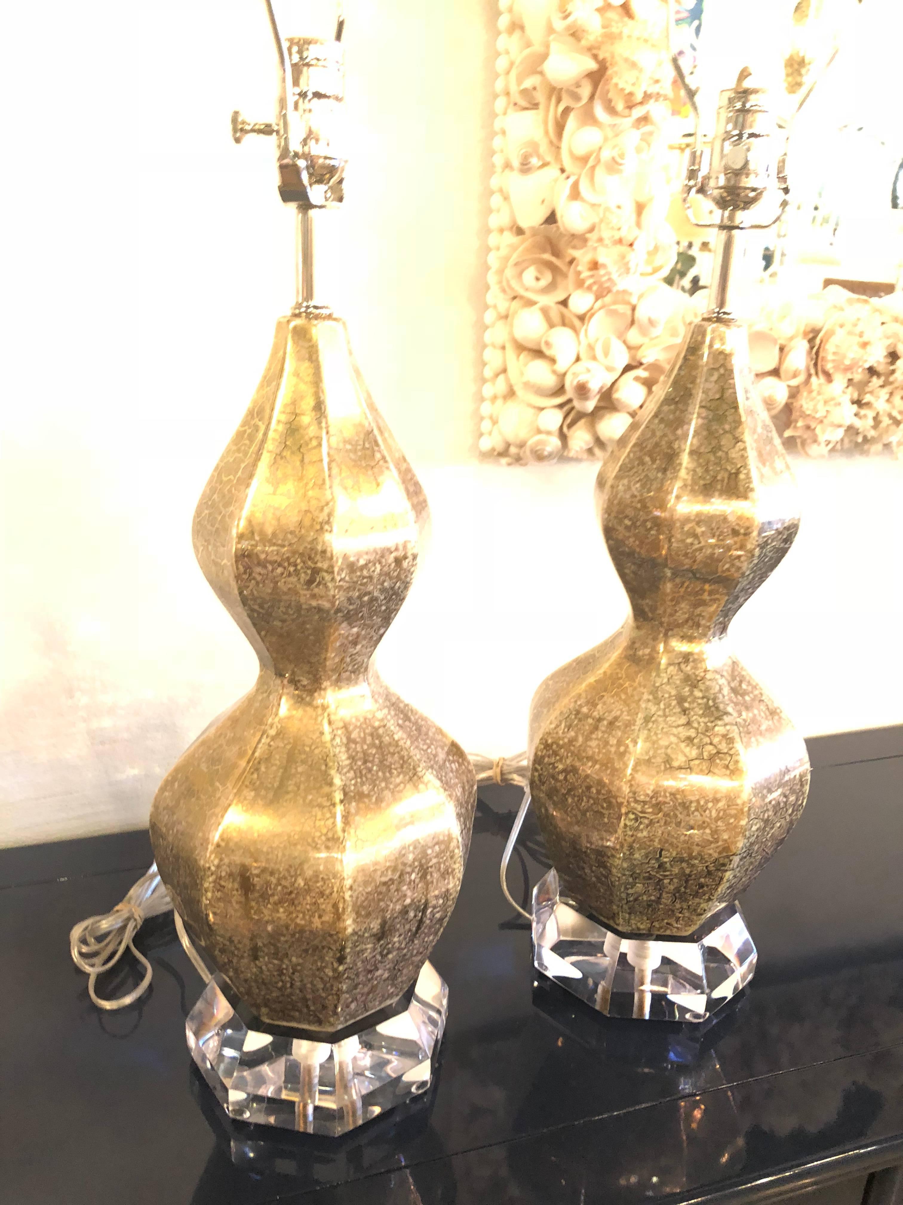 Vintage Pair of Porcelain Glazed Gold & Silver Crackle Gourd Shape Lamps Lucite 4