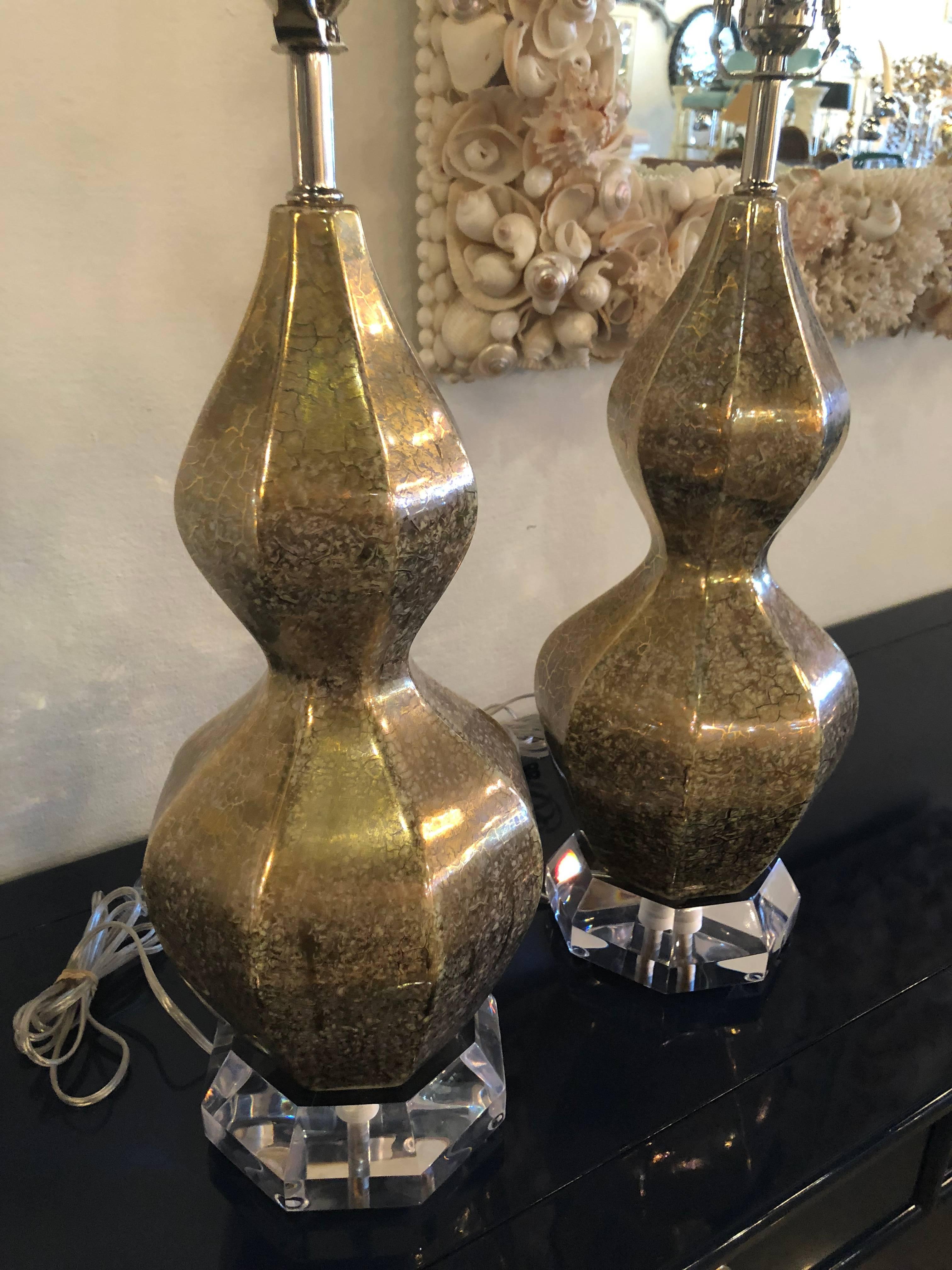 Vintage Pair of Porcelain Glazed Gold & Silver Crackle Gourd Shape Lamps Lucite 5
