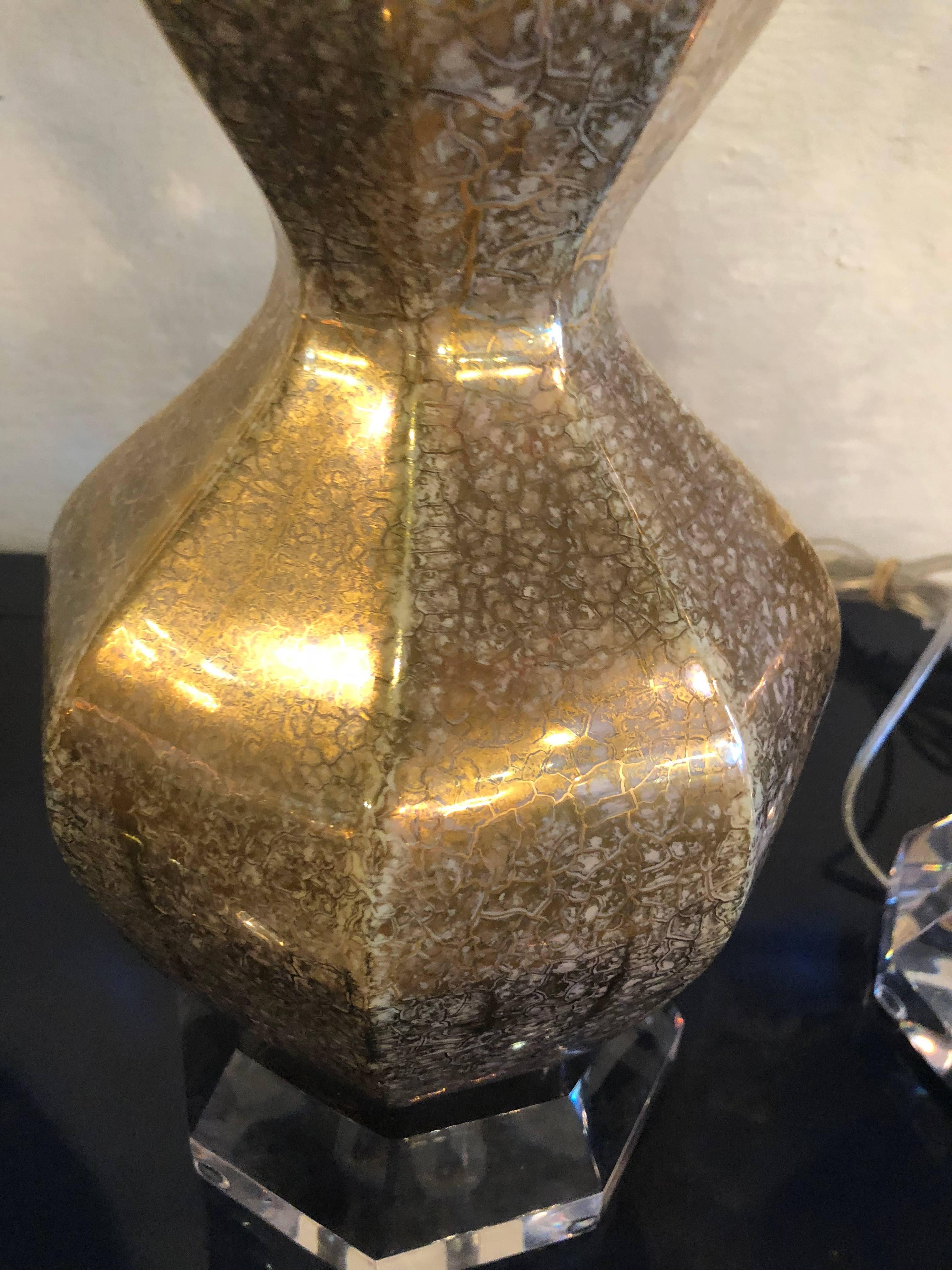 Vintage Pair of Porcelain Glazed Gold & Silver Crackle Gourd Shape Lamps Lucite 10