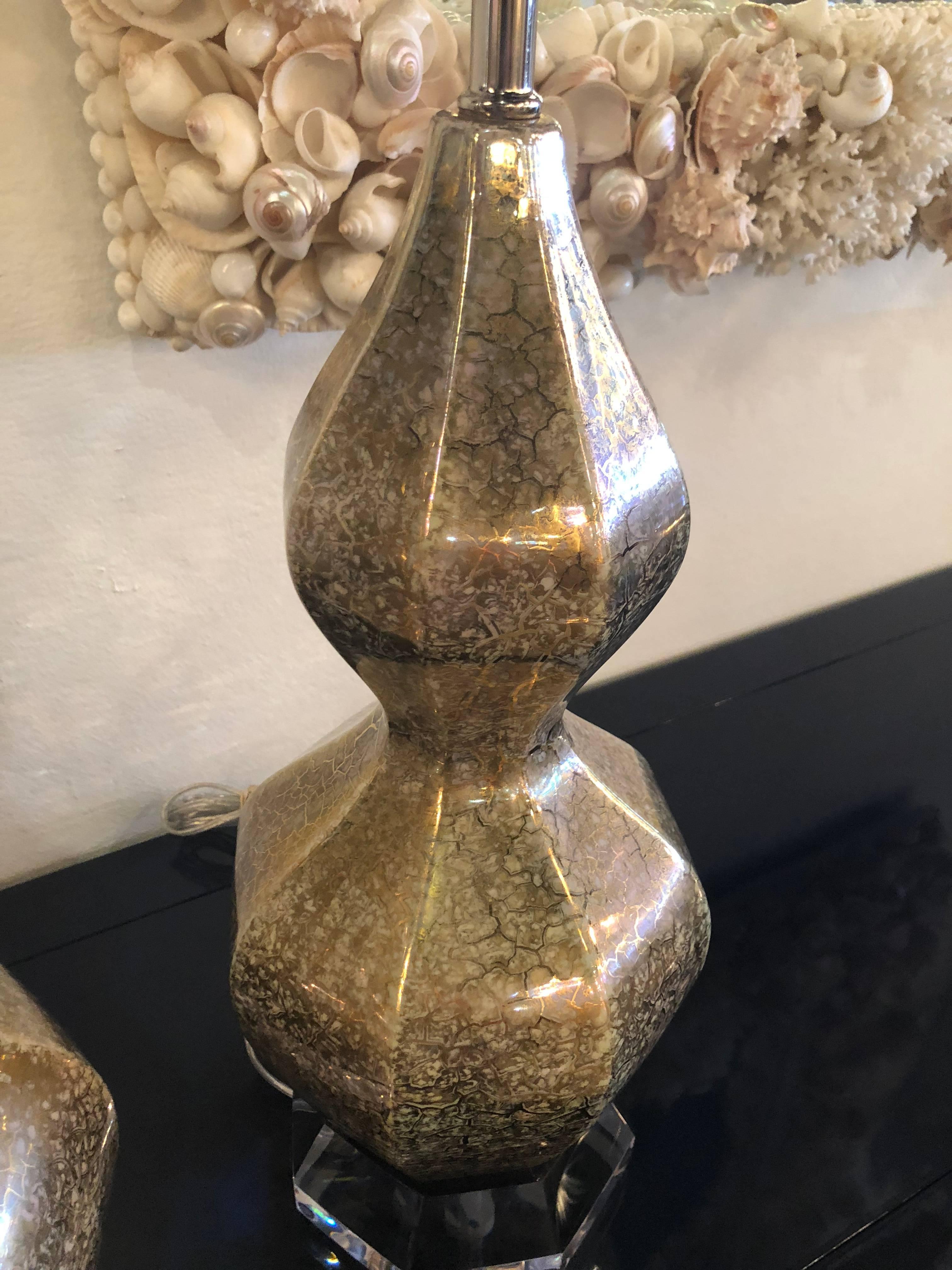 Vintage Pair of Porcelain Glazed Gold & Silver Crackle Gourd Shape Lamps Lucite In Excellent Condition In West Palm Beach, FL