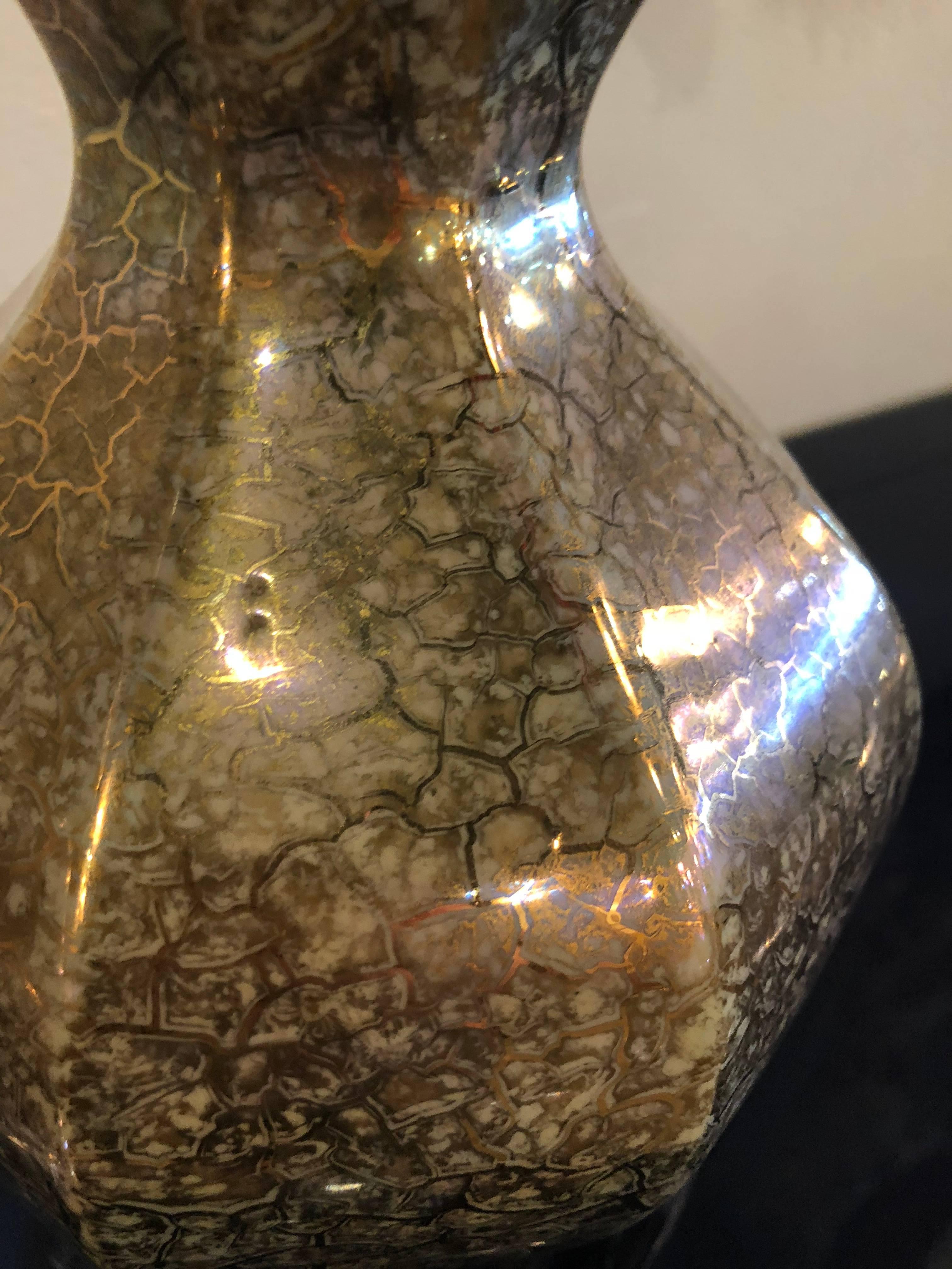 Mid-20th Century Vintage Pair of Porcelain Glazed Gold & Silver Crackle Gourd Shape Lamps Lucite