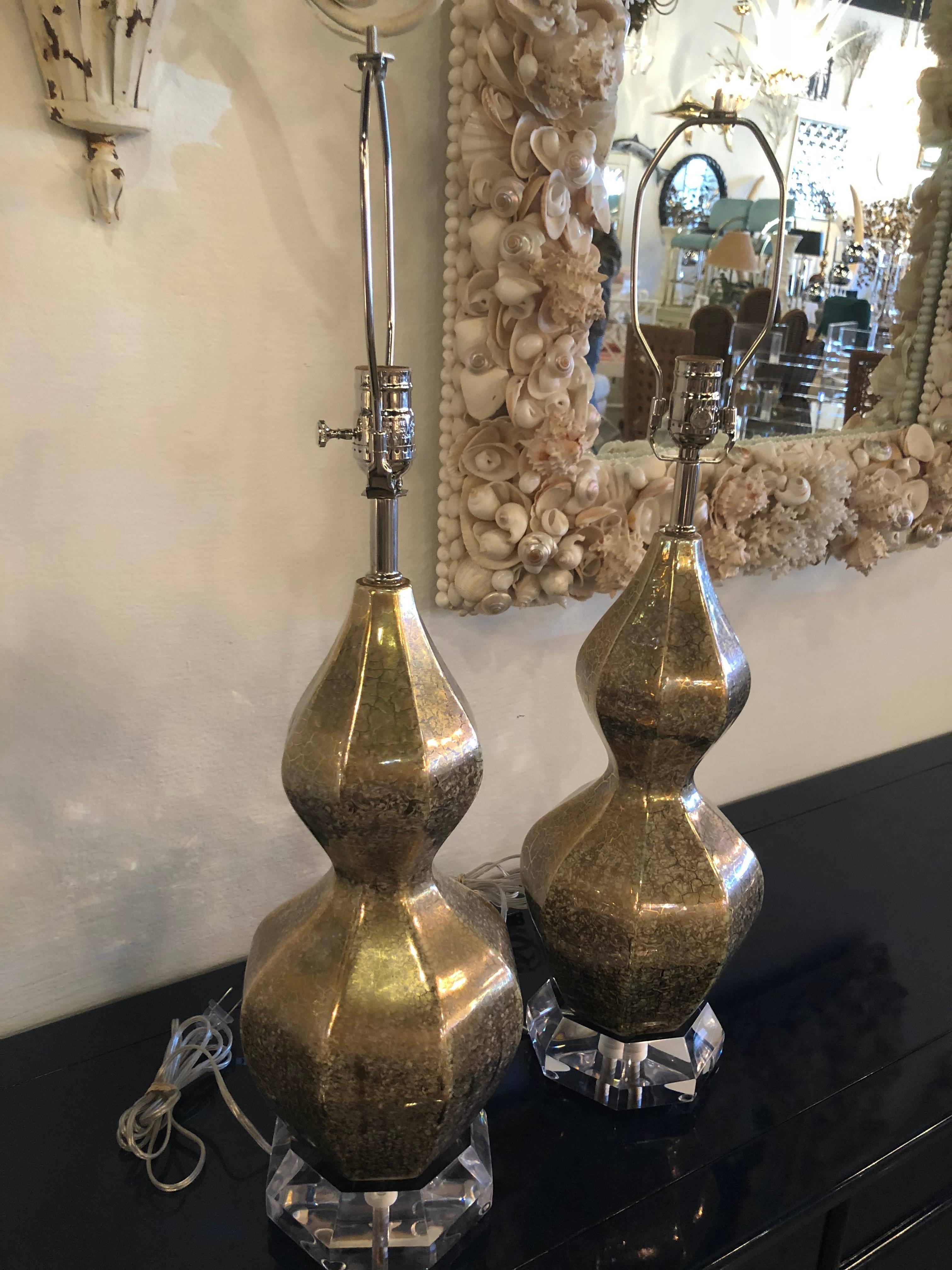 Vintage Pair of Porcelain Glazed Gold & Silver Crackle Gourd Shape Lamps Lucite 2