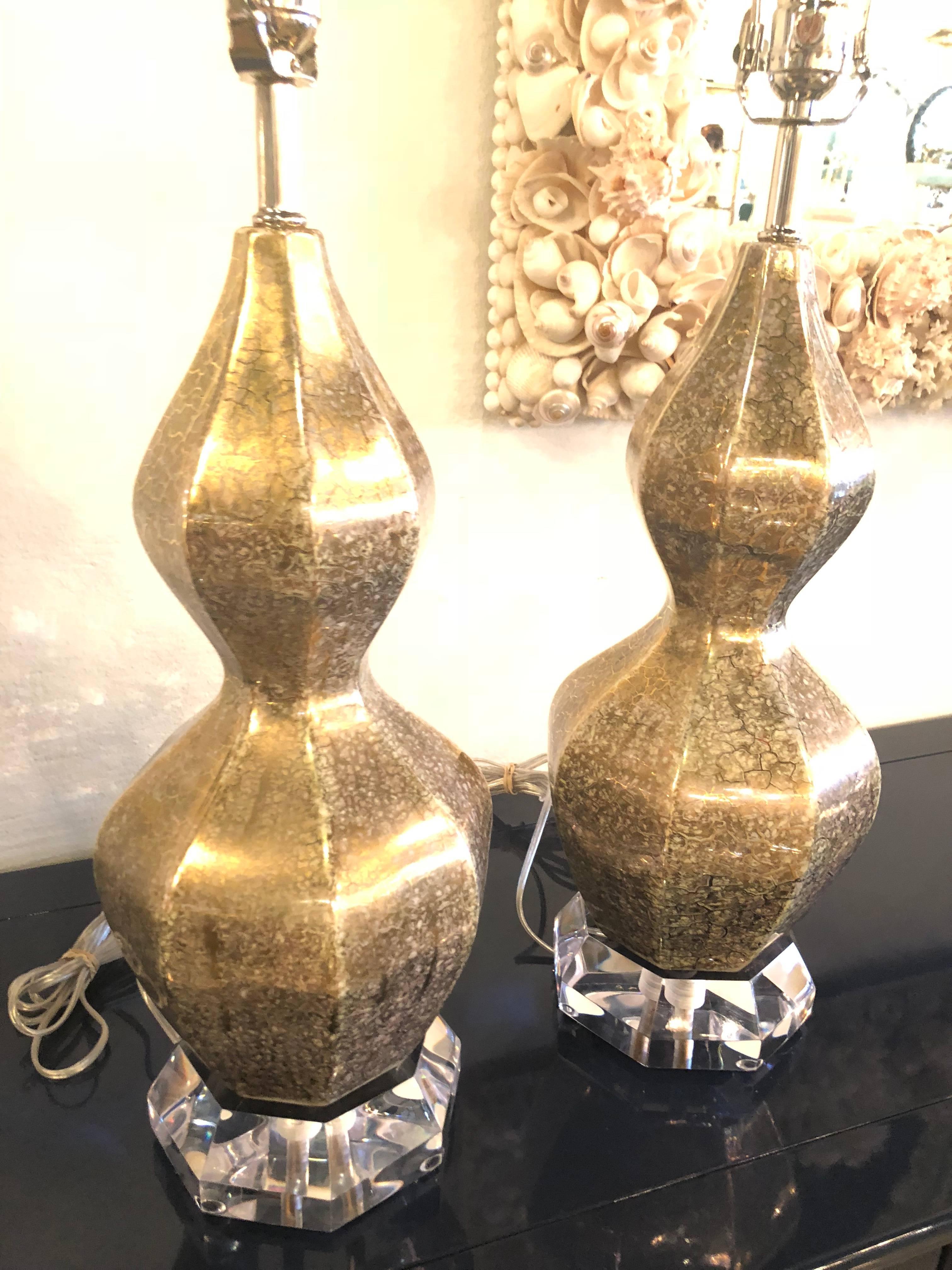 Vintage Pair of Porcelain Glazed Gold & Silver Crackle Gourd Shape Lamps Lucite 3