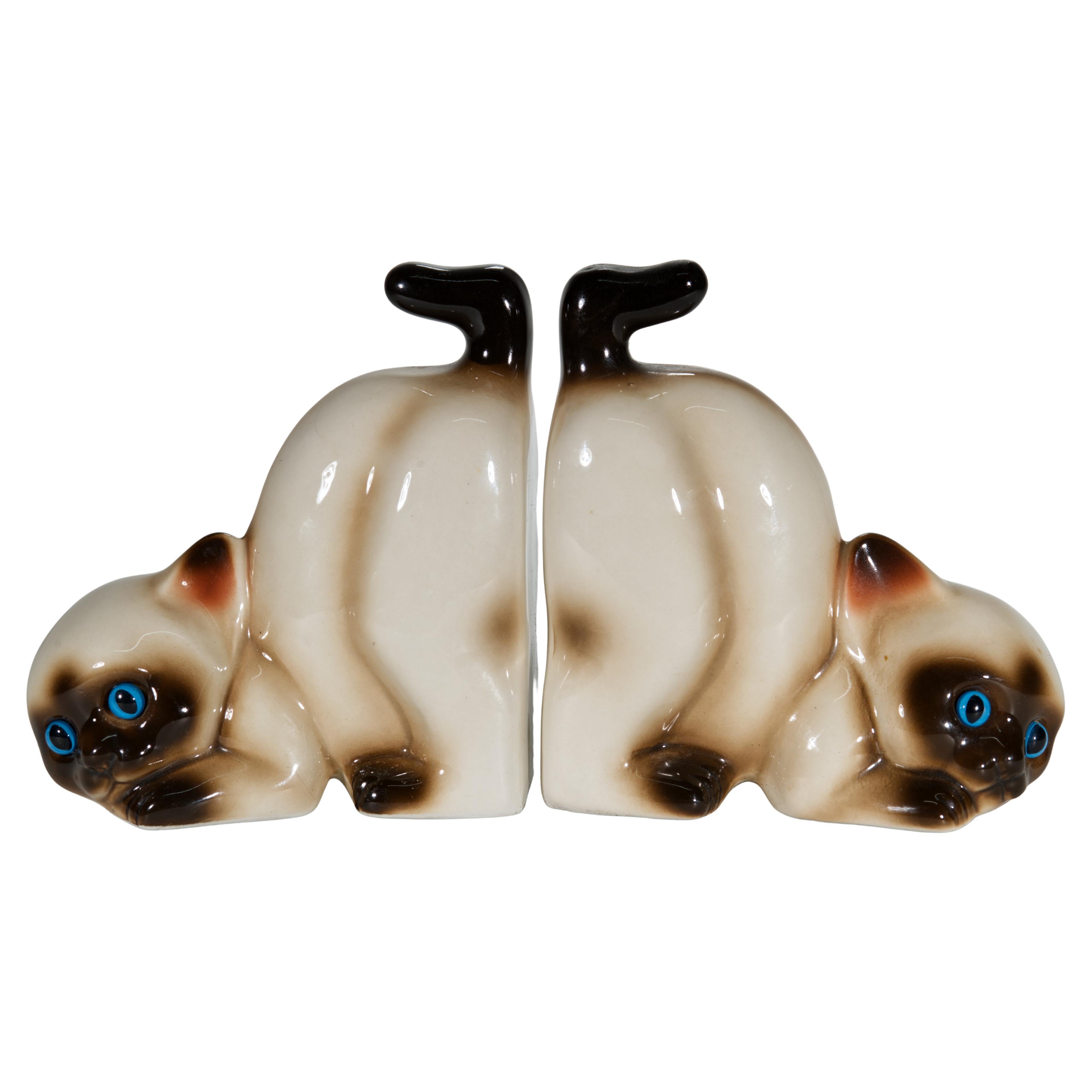 Vintage Pair of Porcelain Siamese Cats Kittens Bookends, 1960s