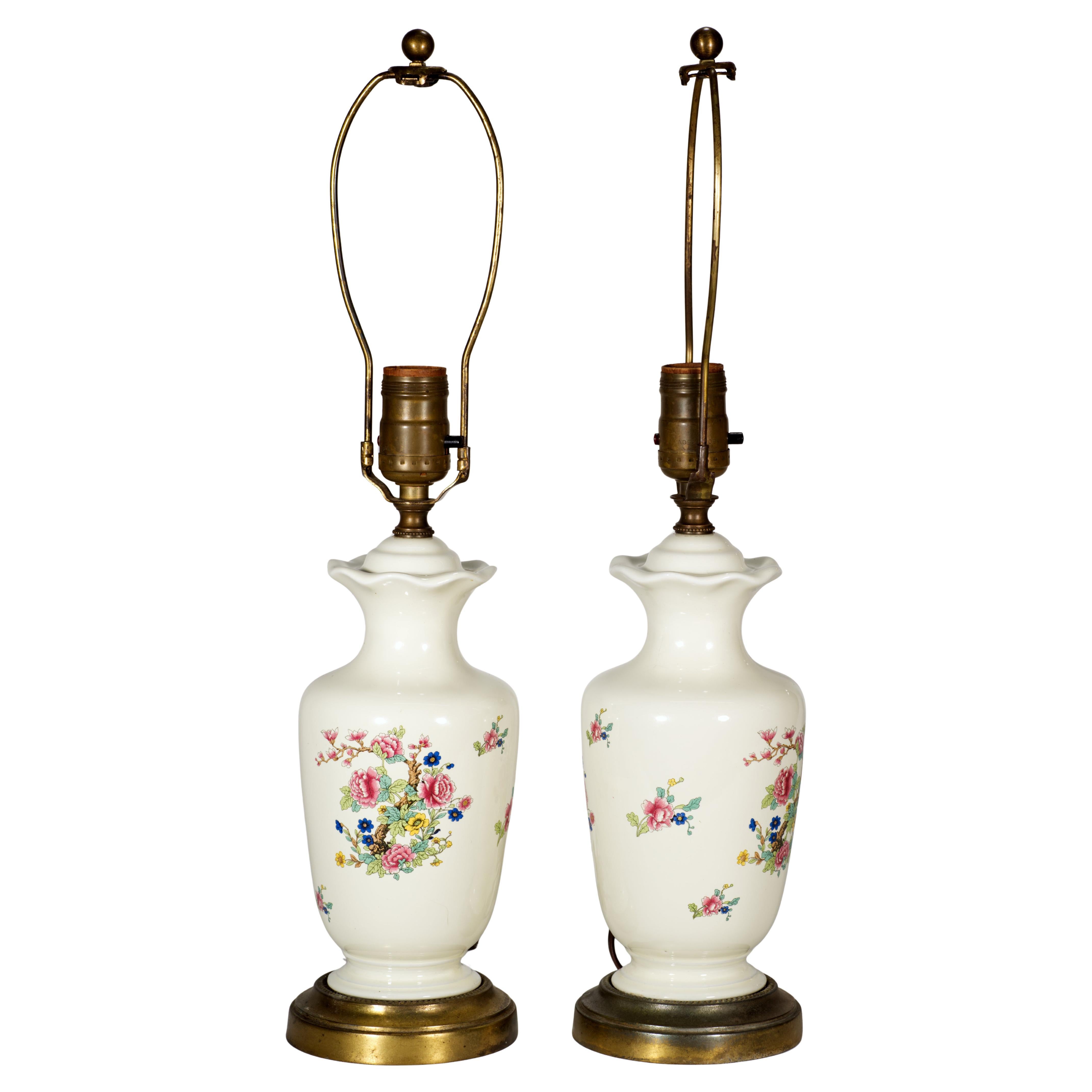 Vintage Pair of Porcelain Urn Shaped Table Lamps in Pembroke Pattern