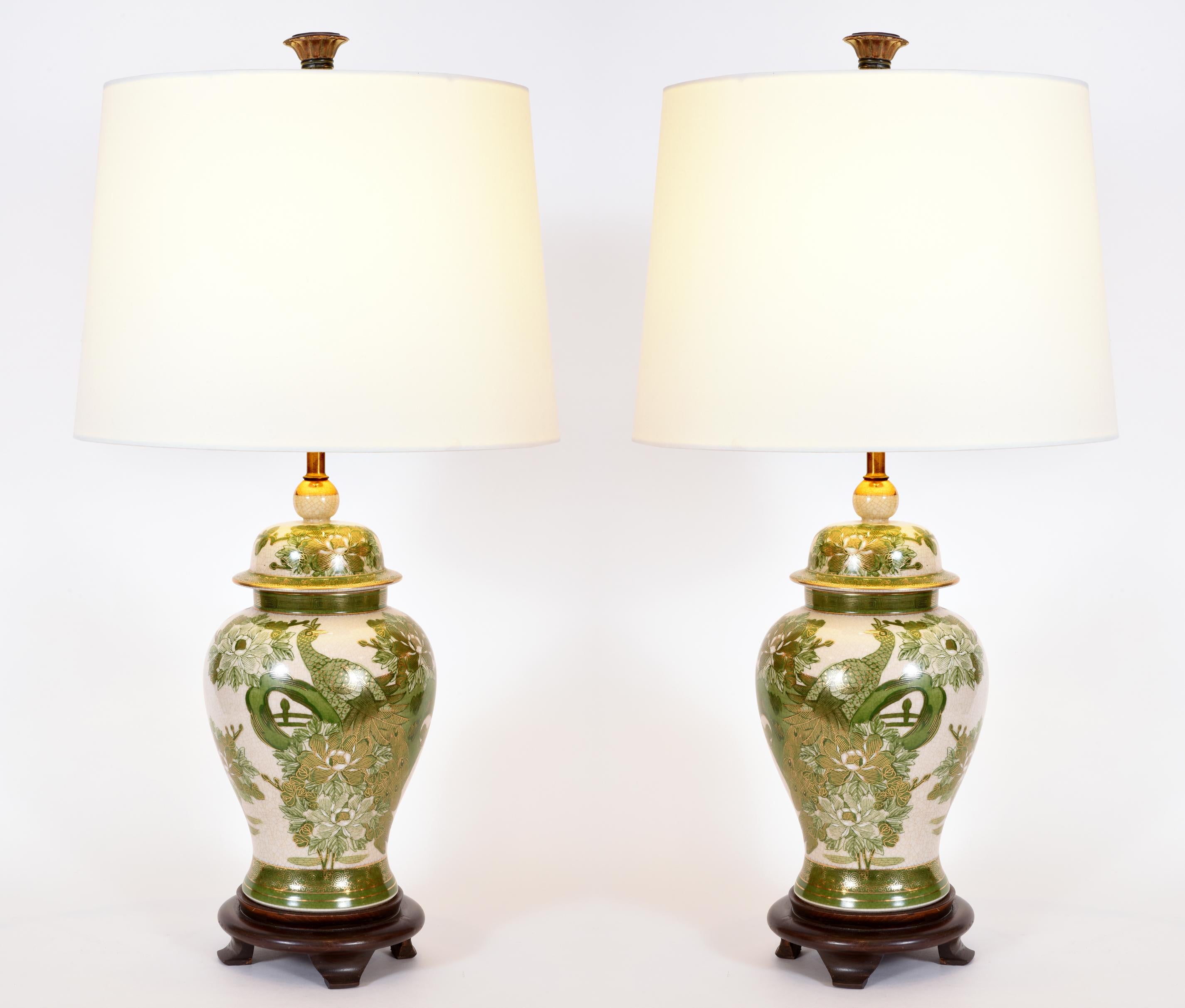 Vintage Pair of Porcelain Task / Table Lamps with Wood Base In Excellent Condition In Tarry Town, NY